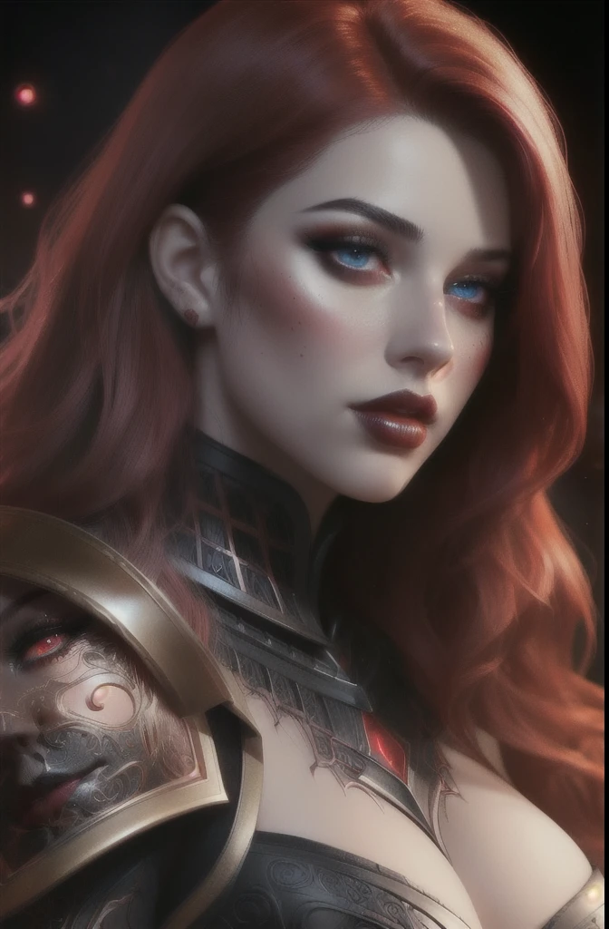 Attractive woman, portait, red hair, detailed eyes, full lips, cinematic lighting, (black ornate armor)1.1, chubby cheeks, forward the camera, Red glowing veins on her face, And bright red makeup