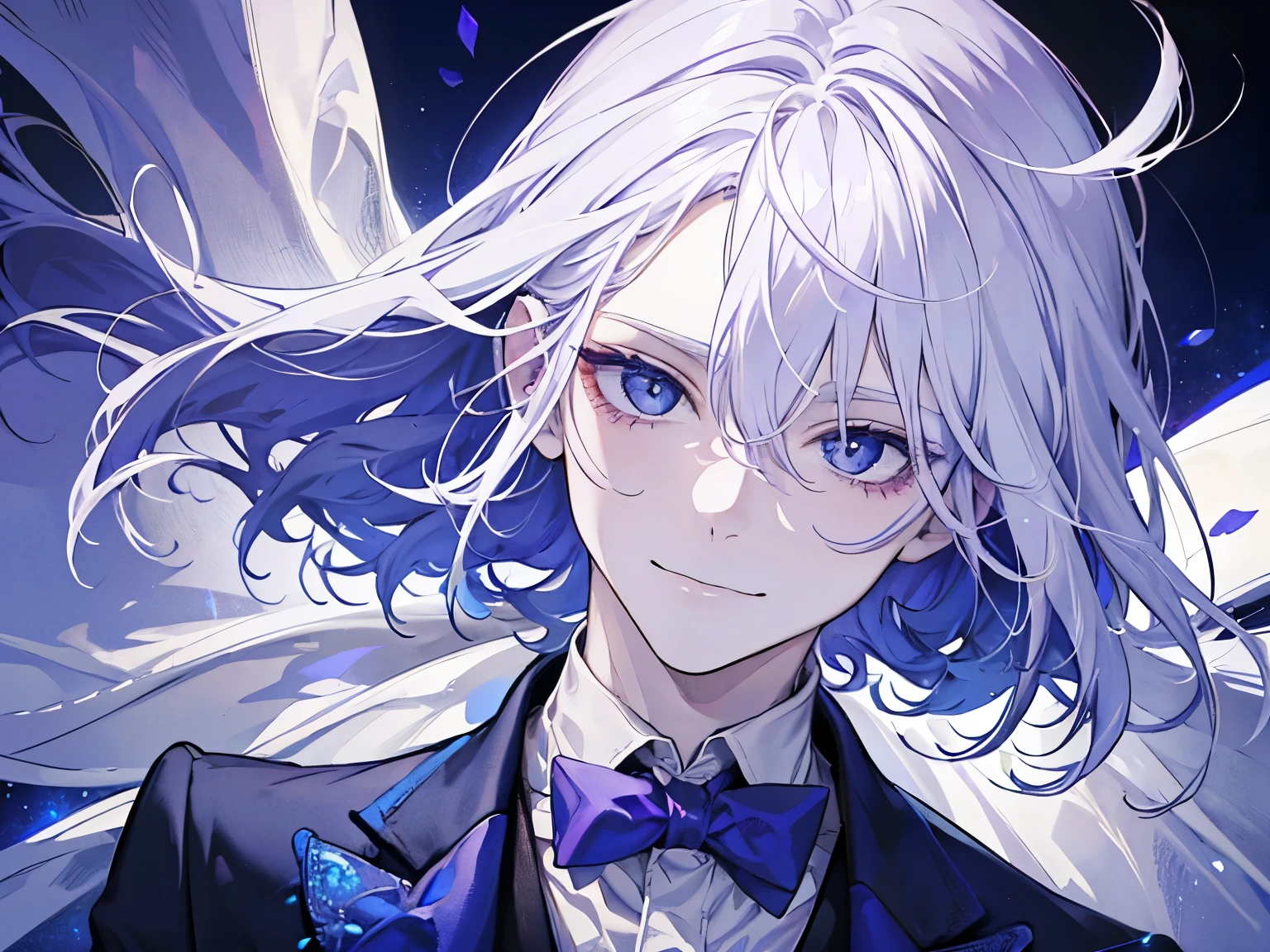 1 male, white hair, purple formal suit, blue eyes　happy smiling face
