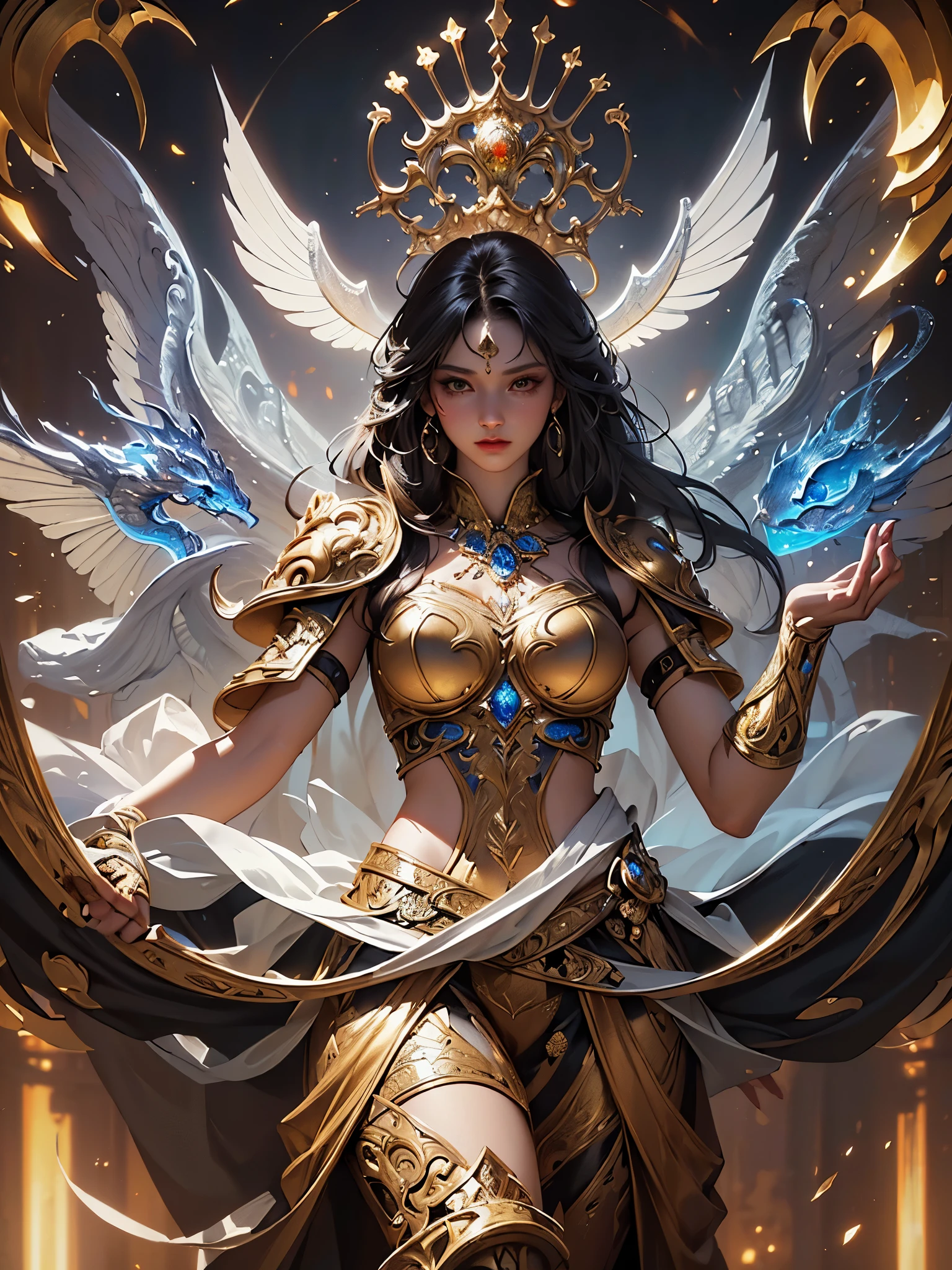 (debris flies, highest qualityの, highest quality, official art, (beautiful and aesthetic:1.4), (watercolor painting:1.4) ), (izanami1.5), Goddess of Japan mythology, Dignified beauty, a goddess of creation、Goddess of Life、In general、((((In general))))、Support for samsara, God's Grace, Gentle and meditative expression, Flowing Celestial Garments, shine、created all the landscapes and worlds on earth, A dazzling dance of lights, Whispers of ancient lore