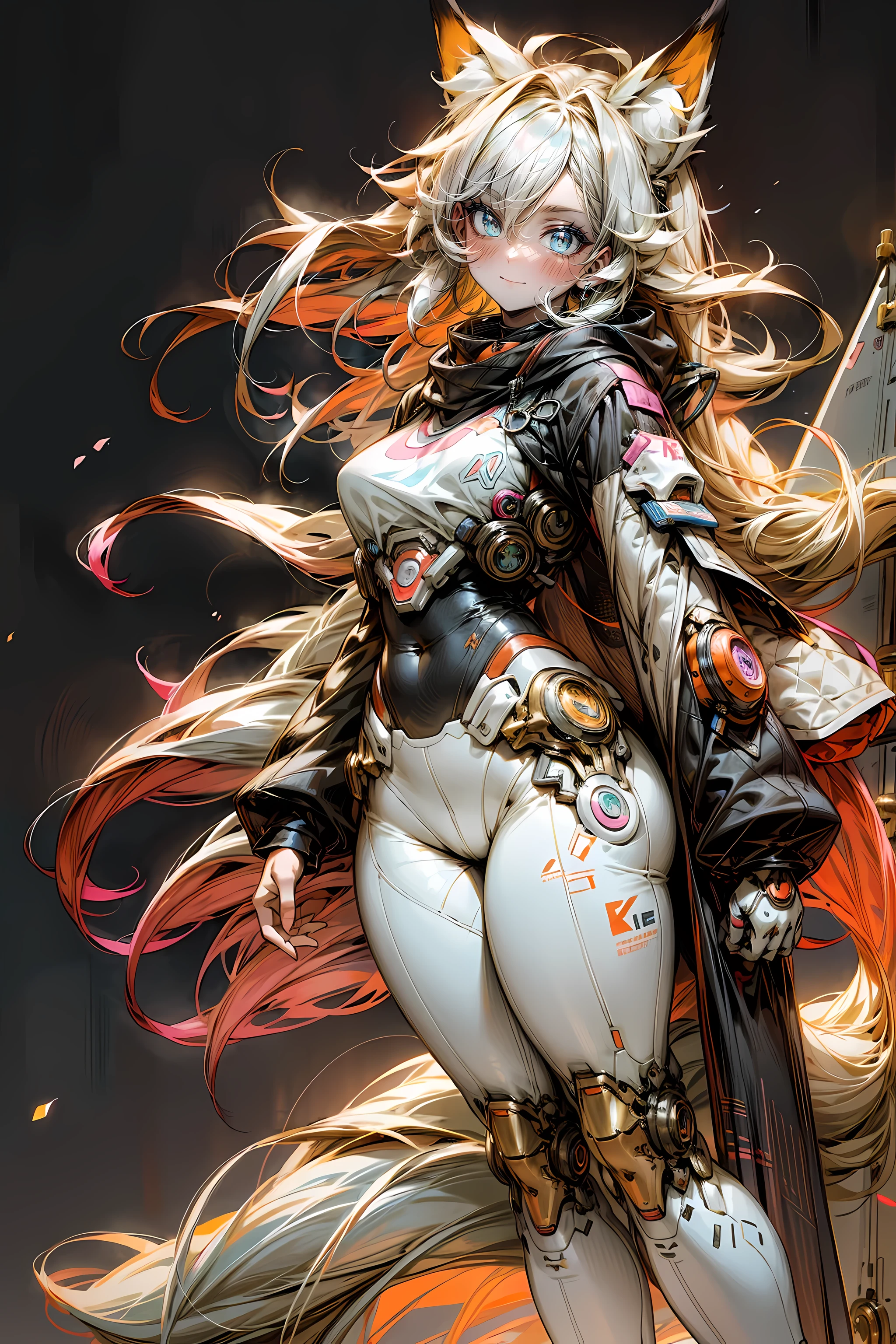 Beautiful and delicate eyes, furry fox ears, Lovely, flowing hair, Slender legs, Multi-colored clothes, Vibrant background, The art of math, High resolution masterpiece:1.2, bright colors, anime style, pastel tones, soft warm light,sci-fi fox girl,Thick thighs,whole body