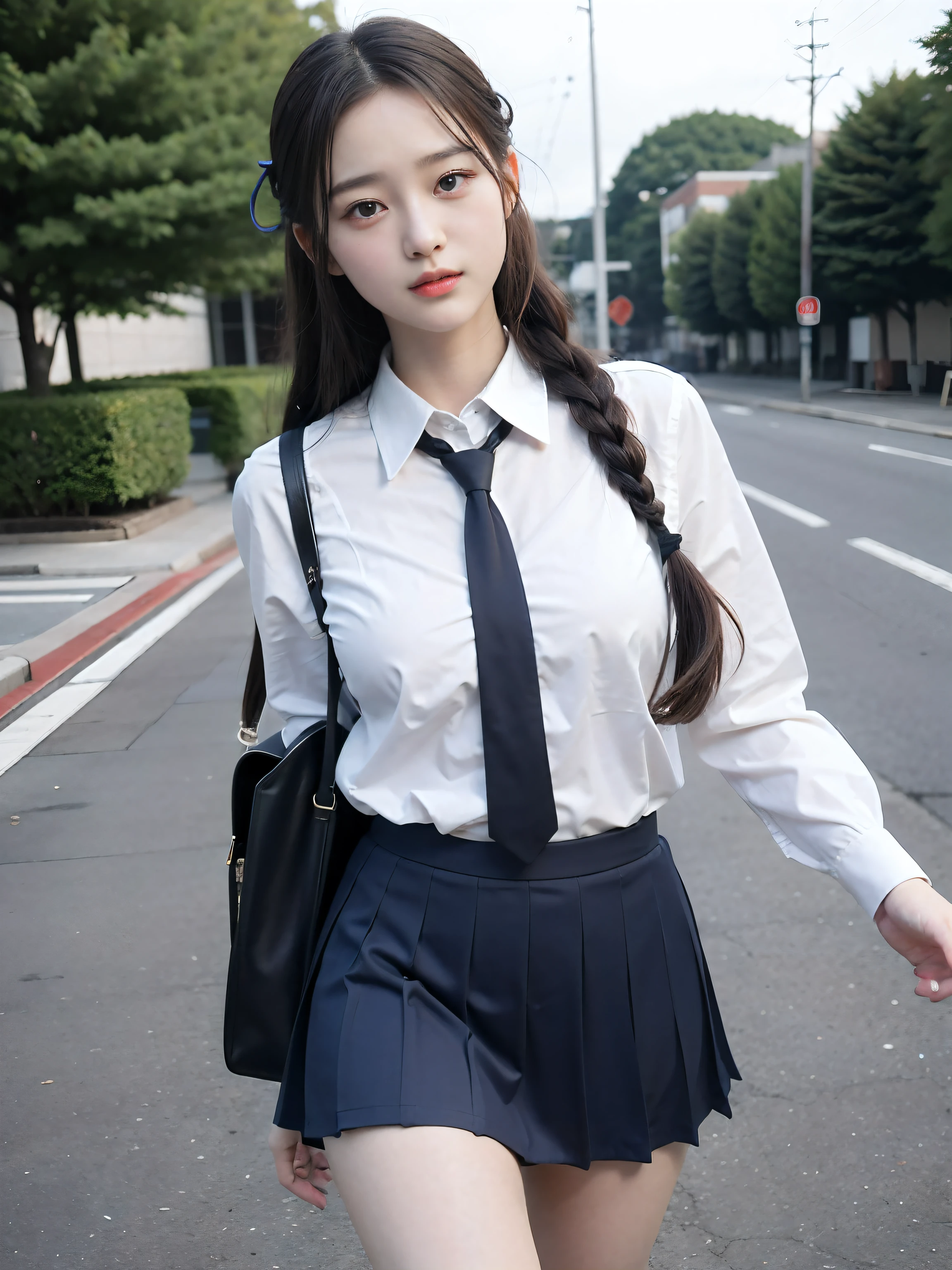 pedestrian walkway,RAW photos,8 thousand,BestQuali, ultra high resolution,beautiful face details,real human skin,shy expression,Front view,from below angle,twist braid,In reality,In reality,Beloved,short skirt,standing deep in the city,cute schoolgirl,japanese school uniform,wearing japanese school uniform,Surreal School Girl,Telegraph slang,