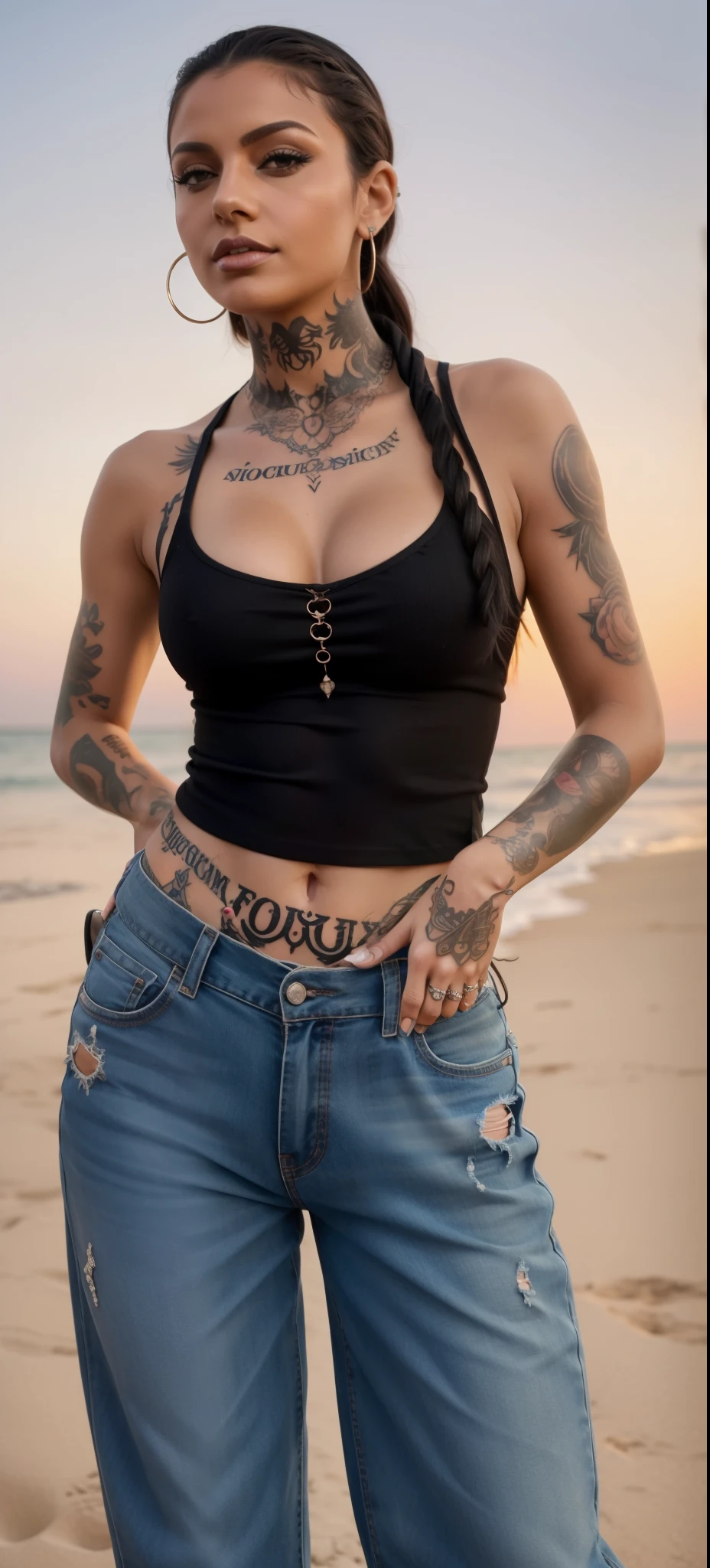 Young Indian woman, sexy t shirt and jeans, tattooed hands, strapless, sea beach, detailed body, detailed face, ultra realistic, charming, cute, big hazel eyes, long curly hair, perfect fingers, ambient lighting, winter, detailed background, massive boobs, 8k
