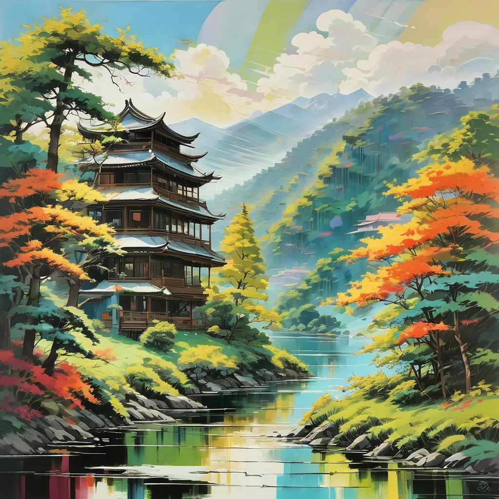 (aesthetic,extremely detailed,Wu-Guanzhong)oil painting of a serene landscape with vibrant colors,his signature brushstrokes, and meticulous attention to detail. The painting showcases a picturesque scenery, featuring majestic mountains, winding rivers, and lush vegetation. The composition is balanced and harmonious, with a serene atmosphere that evokes a sense of tranquility and contemplation. The color palette is vibrant and expressive, with bold brushwork capturing the essence of nature's beauty. The lighting in the painting is soft and diffused, casting gentle shadows and creating a sense of depth and dimension. The artist's unique style is evident in every brushstroke, creating a mesmerizing work of art that celebrates the beauty of the natural world. The painting is of the highest quality, with ultra-detailed elements that showcase the artist's masterful technique. The texture of the artwork is rich and tactile, inviting viewers to immerse themselves in its beauty. Wu Guanzhong's aesthetic vision and dedication to capturing the essence of the landscapes make this oil painting a true masterpiece.