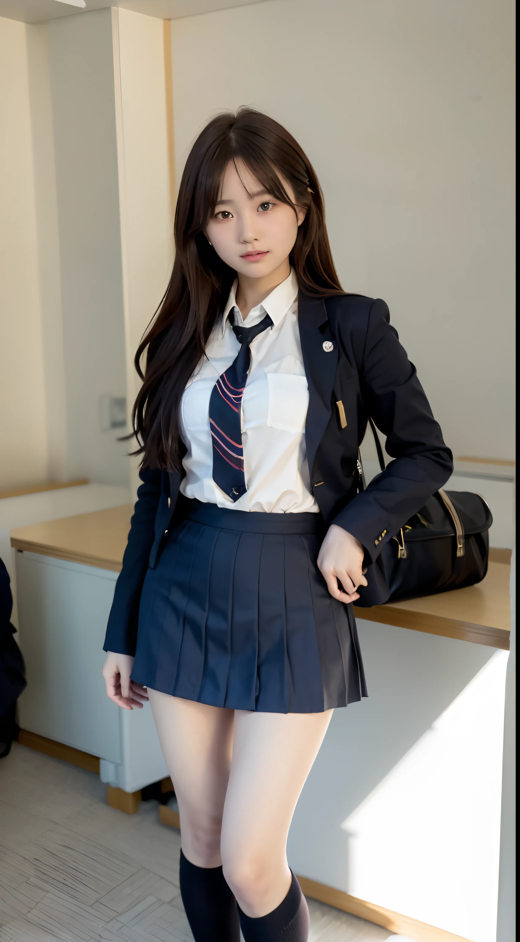 mix 4, (16K, raw photo, Best image quality, masterpiece: 1.45), (realistic, realistic: 1.37), a woman, cute, cityscape,, professional lighting, photon mapping, school classroom, Physically Based Rendering, dark brown hair,ponytail hairstyle, neat and beautiful eyes、((double eyelid))、초월적인 cute 소녀, (((student uniform、blazer、Long-sleeved shirt worn by Japanese high school girls、ribbon tie、dark blue mini skirt,、dark blue socks、black loafers))), highest quality photos, highest resolution, 1080p, (clear face), (Detailed face description), (Detailed hand description), (masterpiece), (Exquisite CG)、extreme light and shadow、disheveled hair、master work、Rich details、(good facial features)、(highest quality photoasseter muscle fragment)、(eye for detail)、look ahead、fine clavicle、((slim big))、(((Japanese schoolgirls wear jackets and long-sleeved shirts.)))、((neat and clean idol))、((School Doors、school playground、school building on background))、(Taken from a random perspective)、(((Anyway it's cute)))、귀Nipple Ring、big smile、Please draw the whole body starting from the knees.、Don't draw nasolabial folds、(((Sports bags used by Japanese female students)))、(large saggy breasts:1.2)、big ass full of tension、two arms and two legs、(((from the front:0.7)))、bare hands、(((symmetrical eyes)))、standing posture、Put your hands on the desk、Do not take your tie out of your jacket.、Elevate your hips:1.5,bare hands으로:1.5,
