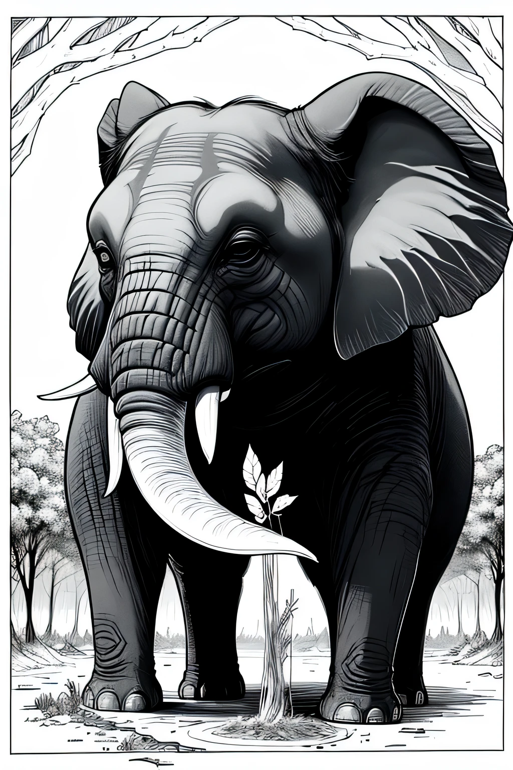 Protect the climate，Protect forests，An African elephant is caring for a sapling，metallic line条清晰艺术, 非常详细的metallic line条, 清晰的 8K metallic line条艺术, outline drawing, hyper 详细的metallic line条艺术, metallic line, 强烈的metallic line条艺术, the art of publishing, metallic line条艺术插图，Only painted green and black