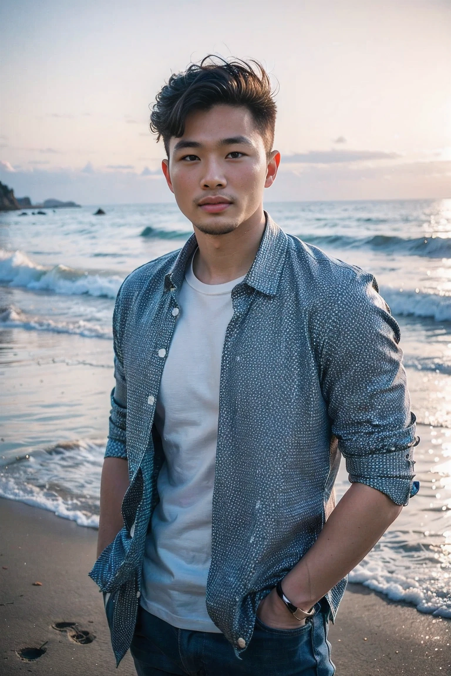 Realistic photography, 8k , Handsome Chinese guy , beach
