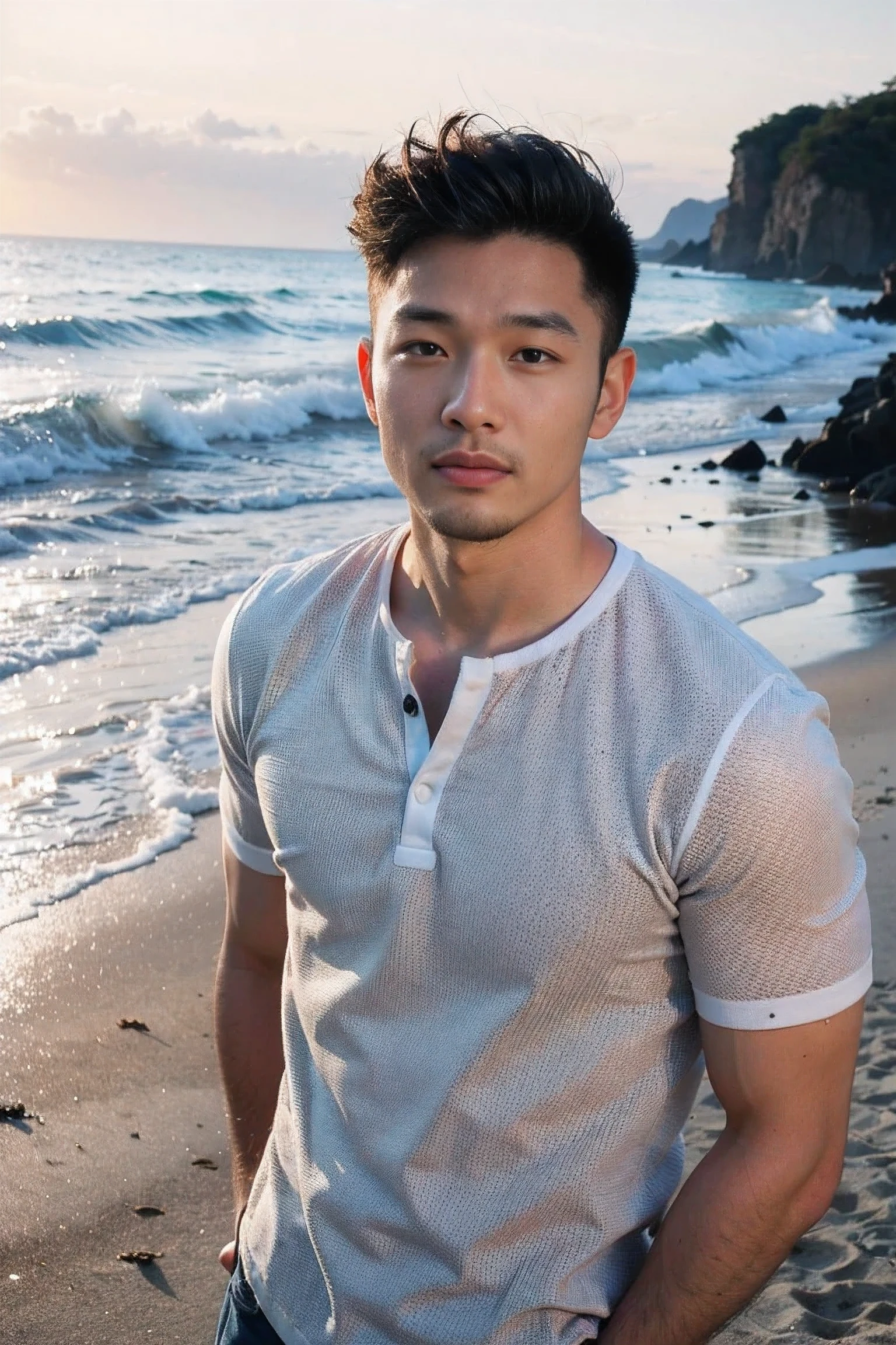 Realistic photography, 8k , Handsome Chinese guy , beach