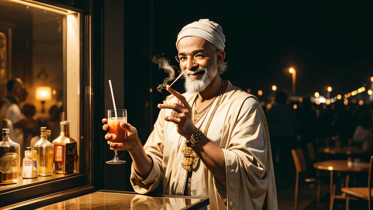 a happy modern baba with a cigarette and a mike in one hand and a drink in the other hand