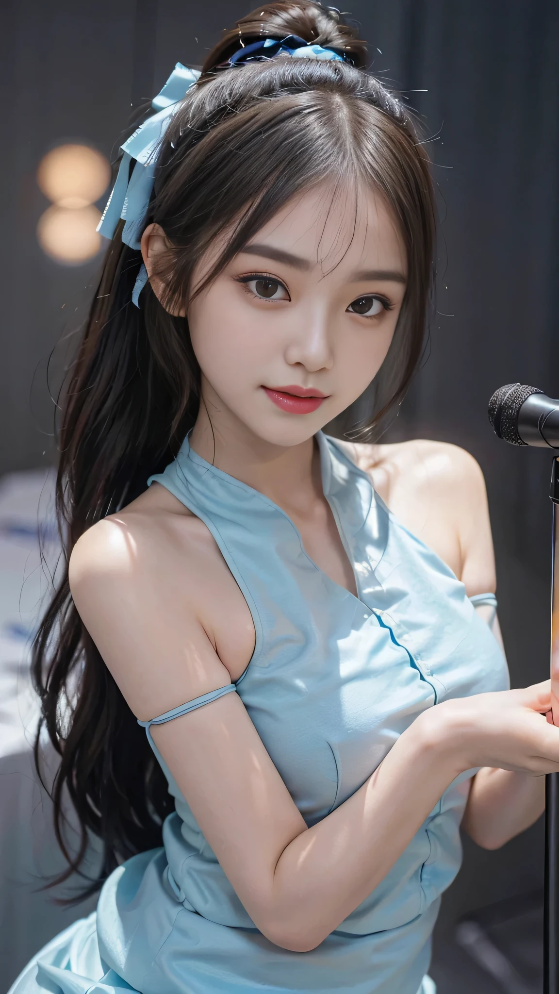 one woman,full body photo,table top, best image quality, high quality, The background is clear,Beautiful woman, Japanese, be familiar with, be familiar with eyes, be familiar with skin, beautiful skin, 超High resolution, (reality: 1.4),very beautiful woman, a face, beautiful skin, thin, (ultra photoreal sim), (High resolution), (8k), (非常にbe familiar with) (beautiful detailed eyes), (超be familiar with), (be familiar with face), view viewer, small details, be familiar with face, look straight ahead, look straight ahead, reality的な写真, bright lighting, professional lighting, black hair,ponytail,a baby face,15d,髪型はponytytailの髪型,slight smile,neatly organized clothes,Beautiful Japanese KPOP idol photo, ヘアスタイルはponytailです, my eyes are double and wide, baby face, smile and look straighthin, small breasts,close up face, pastel blue costume,Standing on stage,Skin exposure is modest,I have a microphone,so that the whole body can be seen,blue ribbon on head