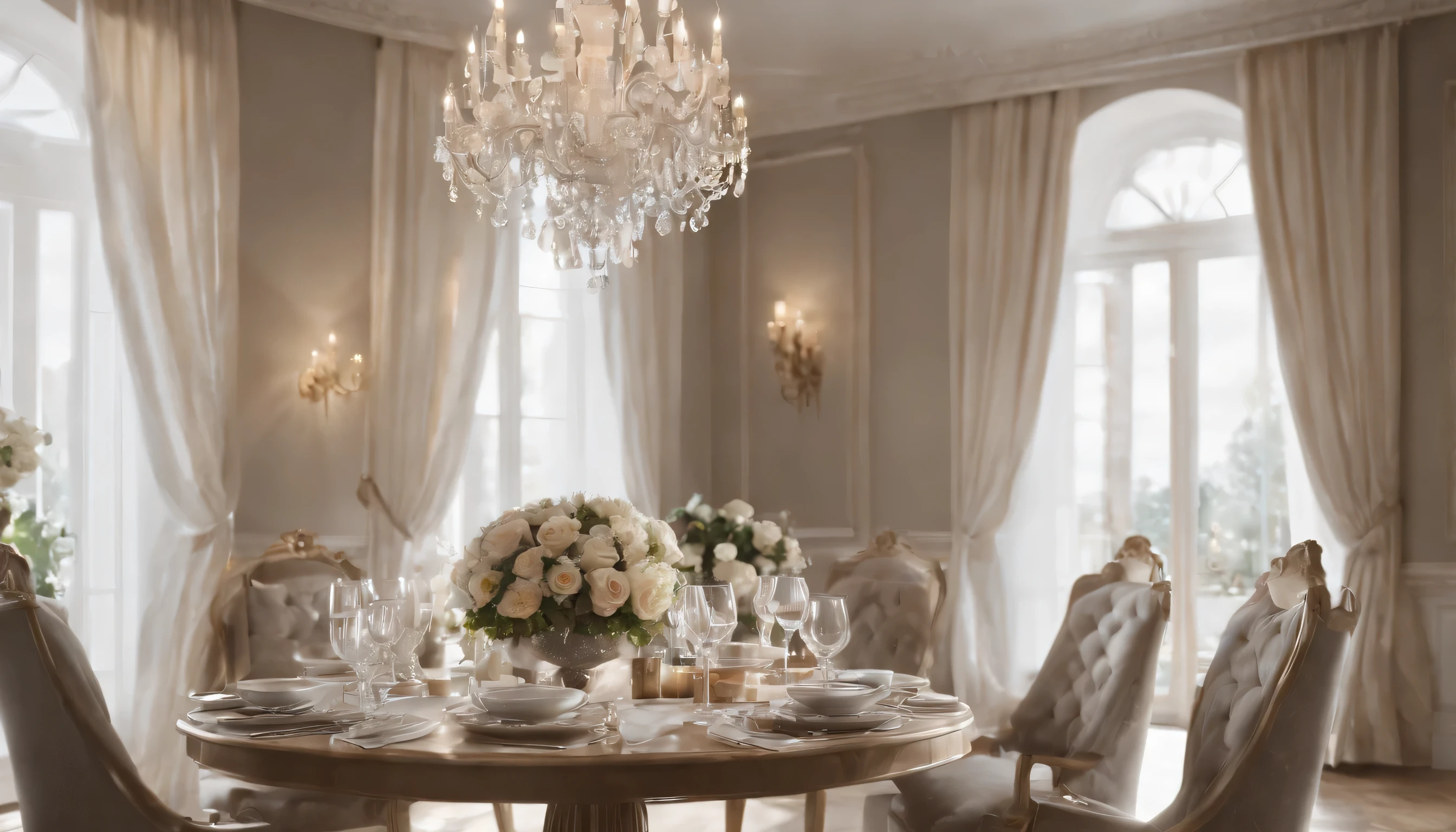 (Highly detailed CG Unity 8k wallpaper、masterpiece、highest quality、Super detailed)、(best lighting、best shadow、very delicate and beautiful)、highest quality、8k、Detailed facial depiction、masterpiece、highest quality、clear image quality、
Scenery of the dining room with a brilliant chandelier。