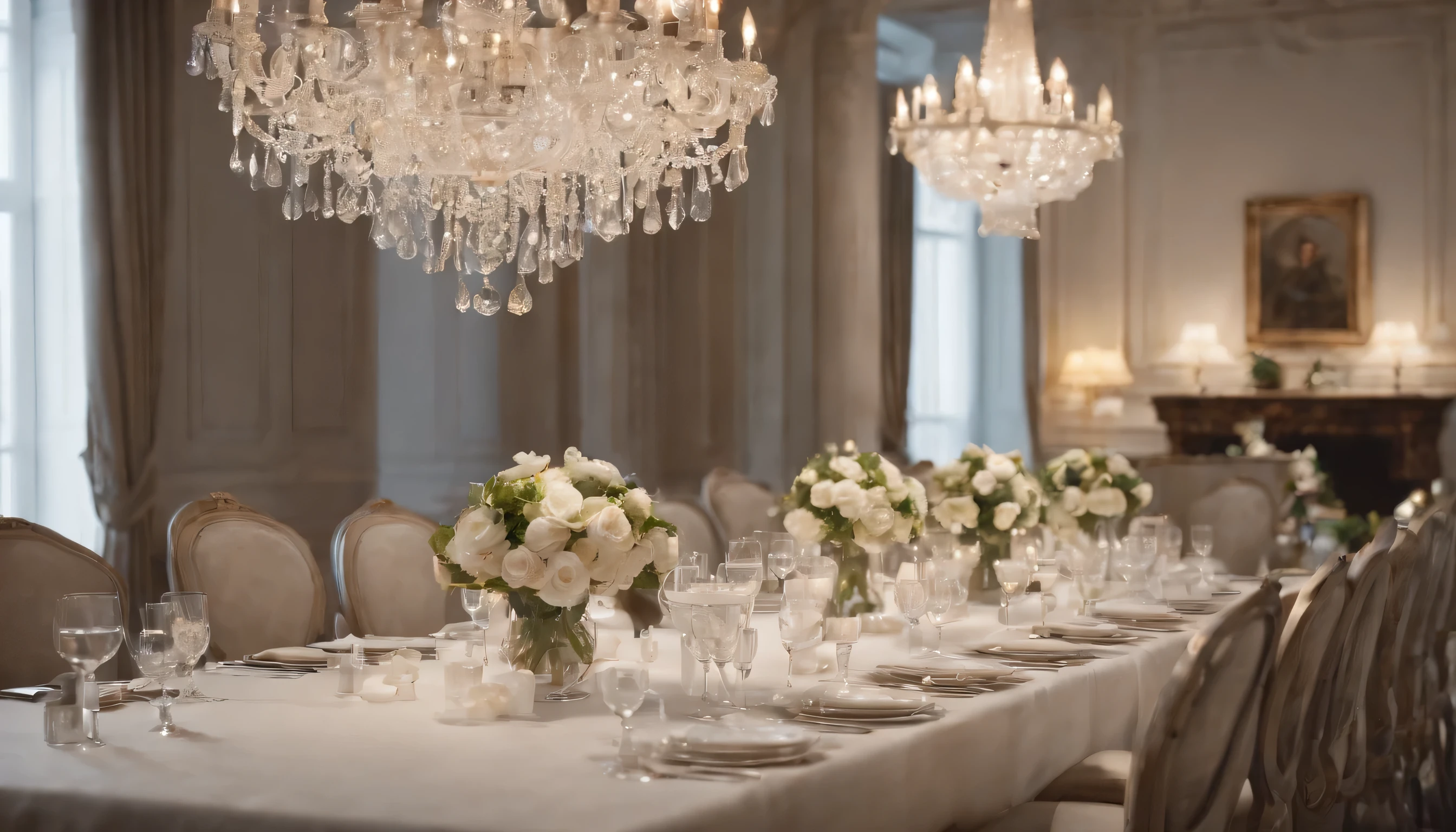 (Highly detailed CG Unity 8k wallpaper、masterpiece、highest quality、Super detailed)、(best lighting、best shadow、very delicate and beautiful)、highest quality、8k、Detailed facial depiction、masterpiece、highest quality、clear image quality、
Scenery of the dining room with a brilliant chandelier。