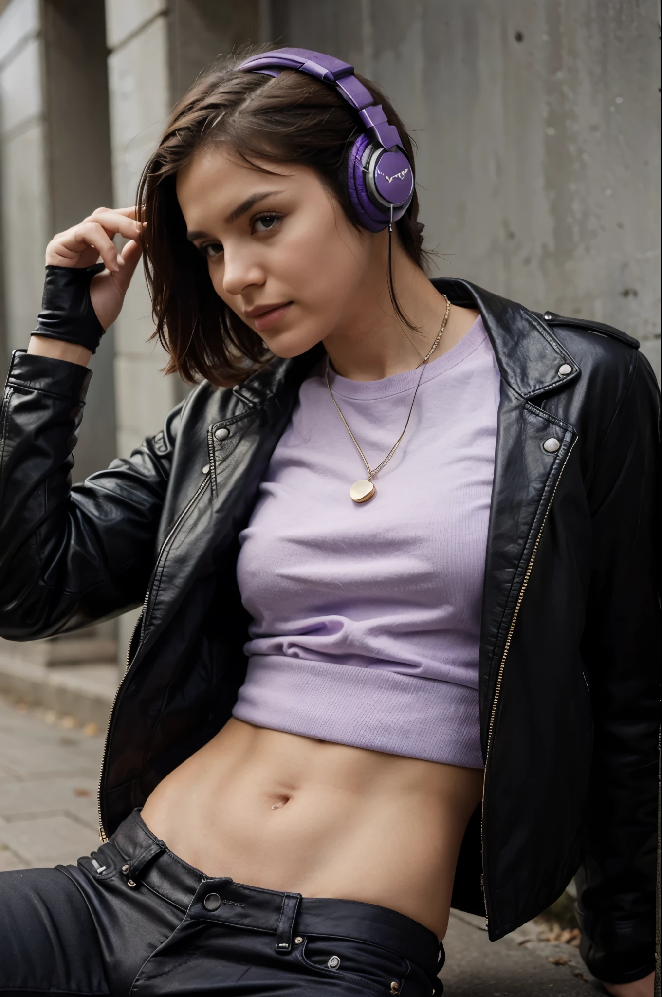A very cool purple bull in a leather jacket wearing headphones, flirty face