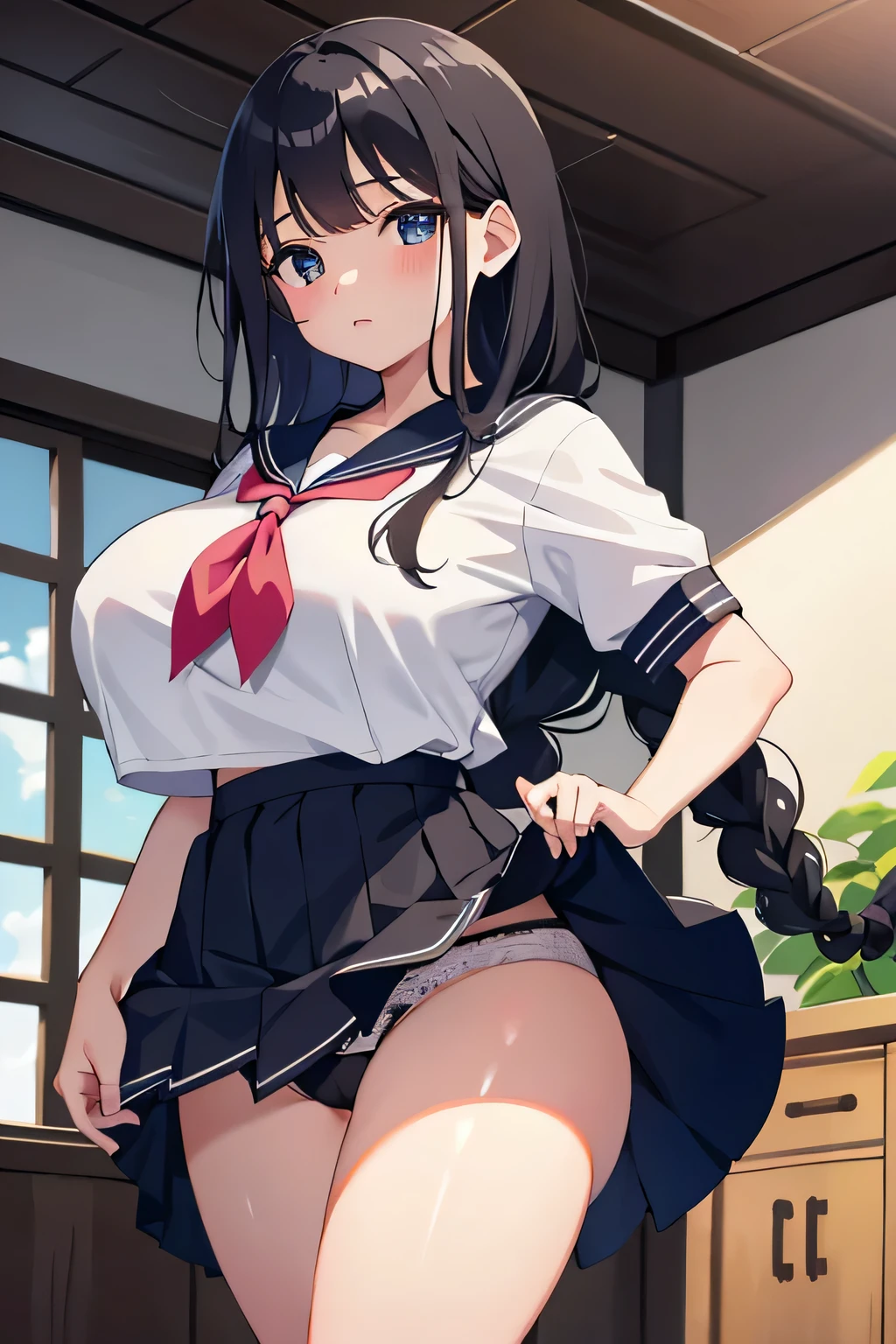 highest quality、High resolution、detailed background、beautiful and detailed face、beautiful and smooth skin、skin texture、professional lighting、Beautiful age beautiful girl、(two girls)、(huge breasts:1.2)、perfect body line、sexy sailor suit、cute white sailor collar、plaid pleated mini skirt、black hair braided ponytail、ニーhigh socks、high socks、petticoat、pink floral embroidered panties、No bra、school toilet、emphasize the chest、emphasize cleavage、
Skirt underneath, Skirt underneath (close-up underwear from below), from below, Are standing, butt focus, Look at me with a slightly troubled expression、blush、Ass with lack of sexual desire、panty shot、camel toe