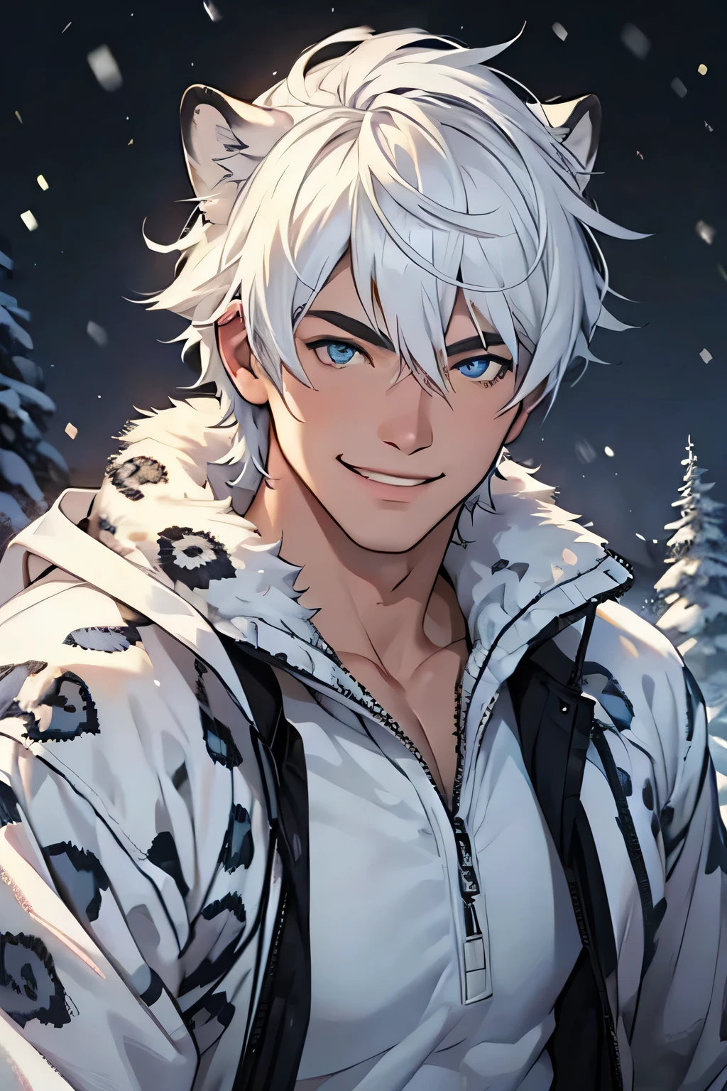 leopardo da neve, forte, sorriso, cabelo branco, hybrid, homem