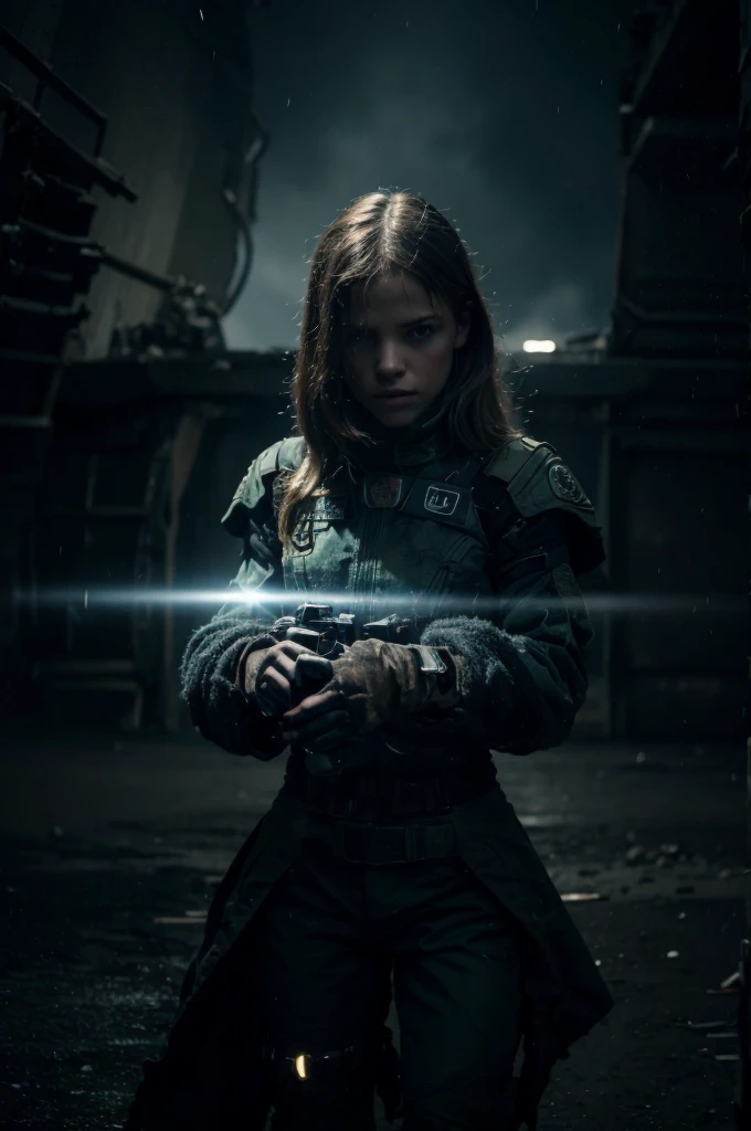 Girl wearing a torn, worn combat uniform in another reality, with strange formations on the ground and a swirling energy cloud through which can be seen another planet. She looks half dead, sorrowful and wondering where she is. Sci Fi movie scene.  complex, highly detailed, and dramatic, cinematic lighting, professionally color graded, professional photography, well drawn, masterpiece, hyper realistic, ultra detailed, high quality, best quality, 4k, 8k, hi resolution,