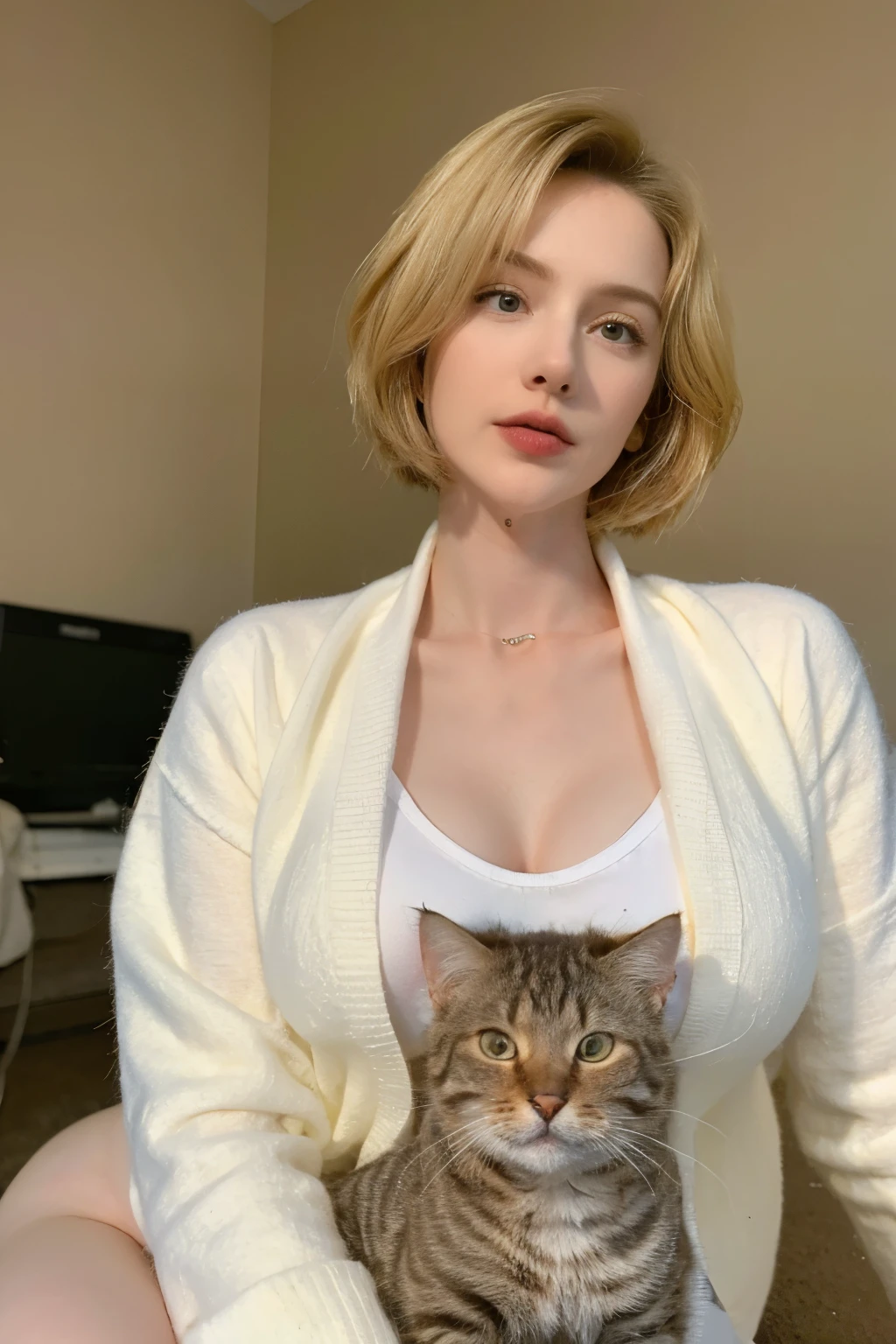 ((top quality, 8k, masterpiece:1.3)), detailed Woman:1.3, (medium short hair cat, big breasts:1.2), cardigan:1.1, Ultra detailed, detailed, eyelid,msfiiire,blonde