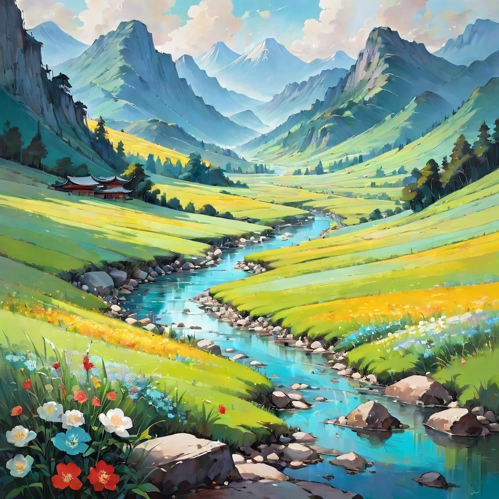 (aesthetic,extremely detailed,Wu-Guanzhong)oil painting of a serene landscape with vibrant colors,his signature brushstrokes, and meticulous attention to detail. The painting showcases a picturesque scenery, featuring majestic mountains, winding rivers, and lush vegetation. The composition is balanced and harmonious, with a serene atmosphere that evokes a sense of tranquility and contemplation. The color palette is vibrant and expressive, with bold brushwork capturing the essence of nature's beauty. The lighting in the painting is soft and diffused, casting gentle shadows and creating a sense of depth and dimension. The artist's unique style is evident in every brushstroke, creating a mesmerizing work of art that celebrates the beauty of the natural world. The painting is of the highest quality, with ultra-detailed elements that showcase the artist's masterful technique. The texture of the artwork is rich and tactile, inviting viewers to immerse themselves in its beauty. Wu Guanzhong's aesthetic vision and dedication to capturing the essence of the landscapes make this oil painting a true masterpiece.