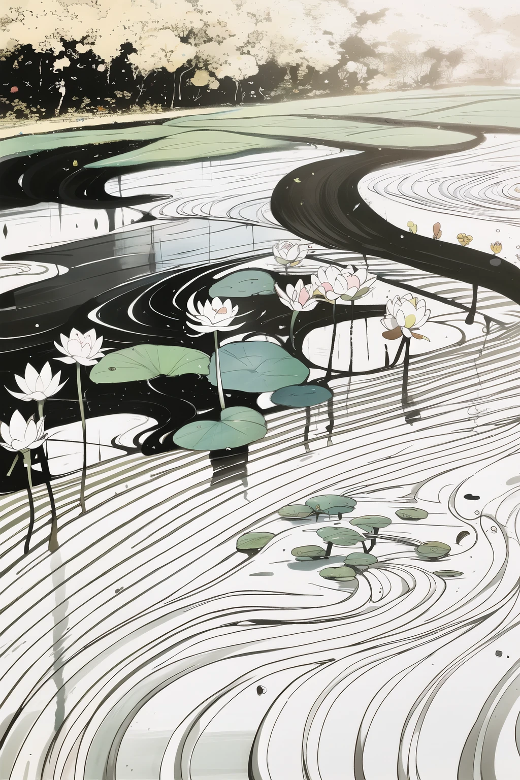 venue, lotus, willow,Wu Guanzhong
