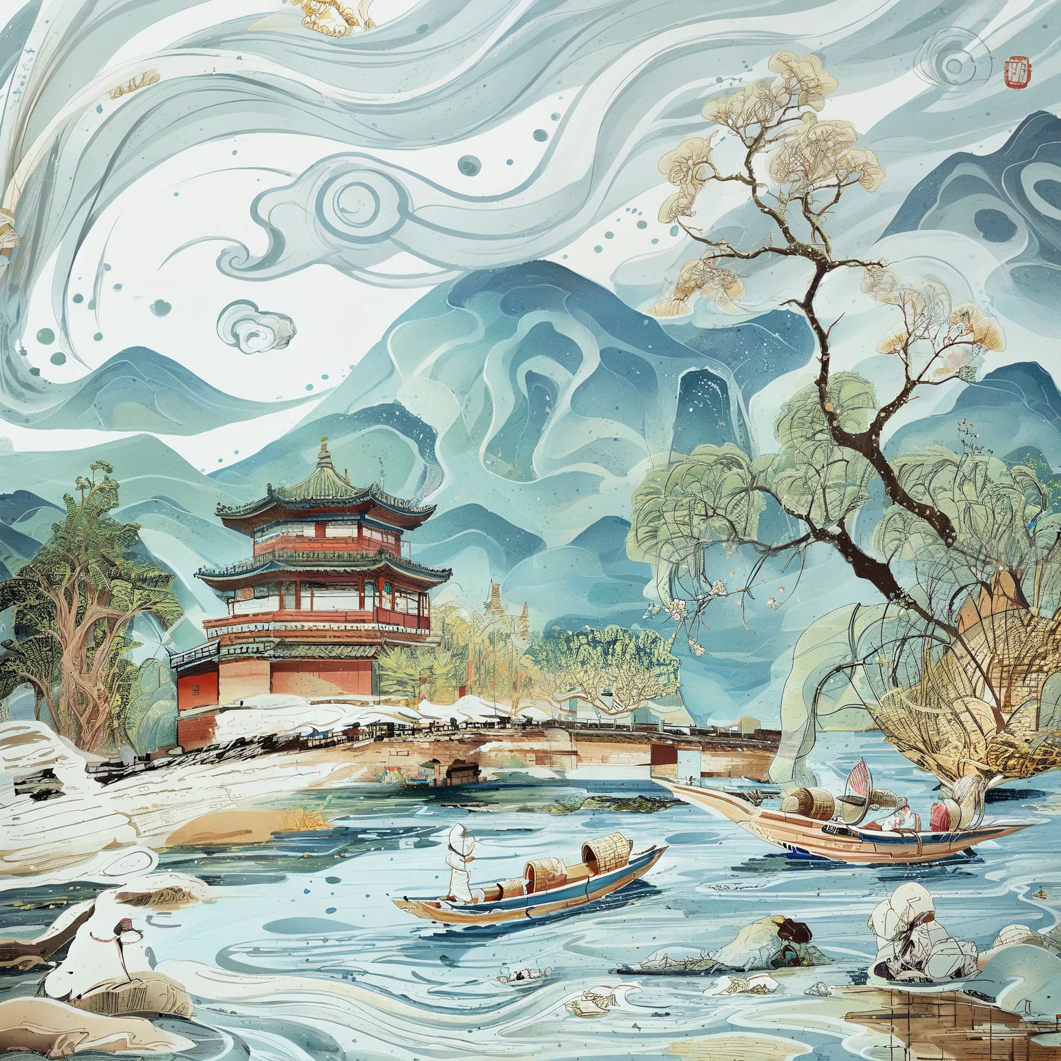 Jiangnan water town，Chinese Hui-style architecture，Wu Guanzhong