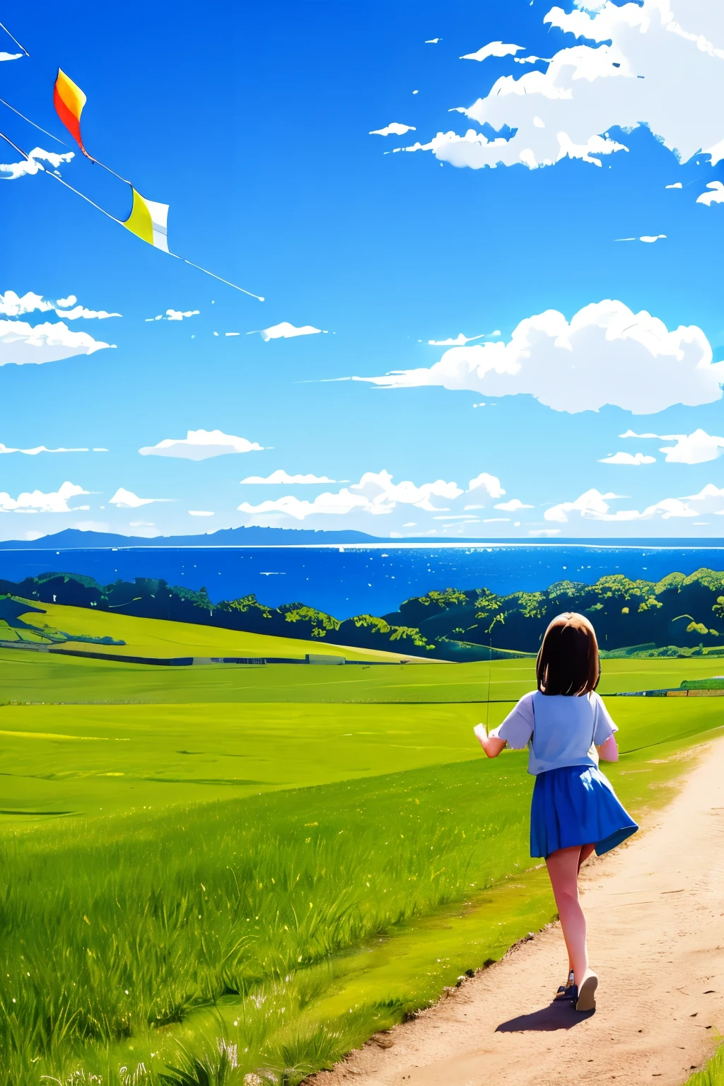 Girl flying a kite in the distance, sunny grassland, natural landscape, leisure time, happy childhood, warm sunshine, leisurely countryside, blue sky, white clouds, breeze blowing