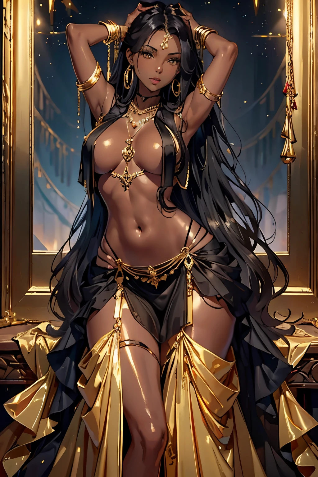 best quality, nsfw, extremely beautiful, beautiful face, long wavy dark hair, (Woman Dark : 1.4), (Dark skin : 1.4), (Shiny skin : 1.4), big breasts, long sexy black and gold dress neckline navel, black and gold breast curtains, long black and gold open_front_skirt, arousal pose, (Accessories: gold-plated chains with torn body : 1.2), (extremely long necklace that goes down to the navel : 1.4), gold leaf shaped hair brooch, thin thigh