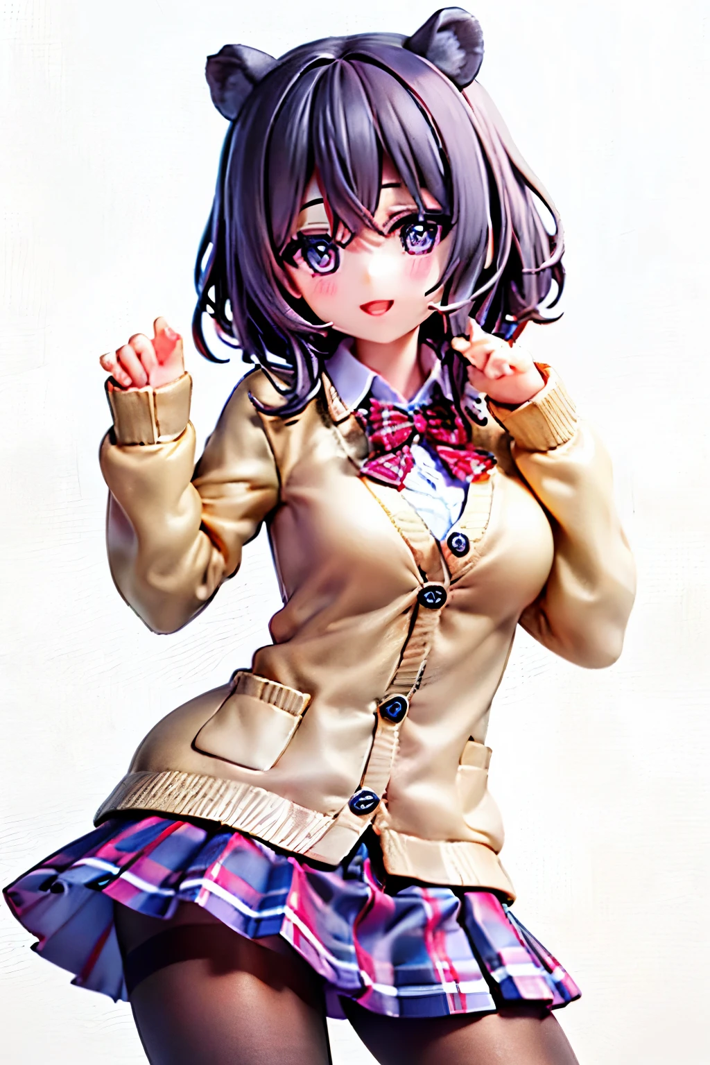 ((worst quality, low quality)), pieces fly,highest quality,Super detailed,masterpiece, ((no background)), ((whole body)), ((Kemono-eared girl with Asiatic black bear ears:1.2)), alone, ((black hair berry berry short:1.3)), plump and glossy lips, (beautiful purple eyes:1.3), spoken heart, (best smile), spoken heart, (cute pose:1.2), (perfect hands:1.4), (school uniform:1.2), (Body-fitting beige cardigan:1.4), ((long sleeve, sleeves past the wrist):1.2), (white collared shirt underneath:1.3), ((raise button, Not loose):1.5),(red plaid pleated skirt:1.3), ((dark brown pantyhose):1.2), highest quality, masterpiece,32k,