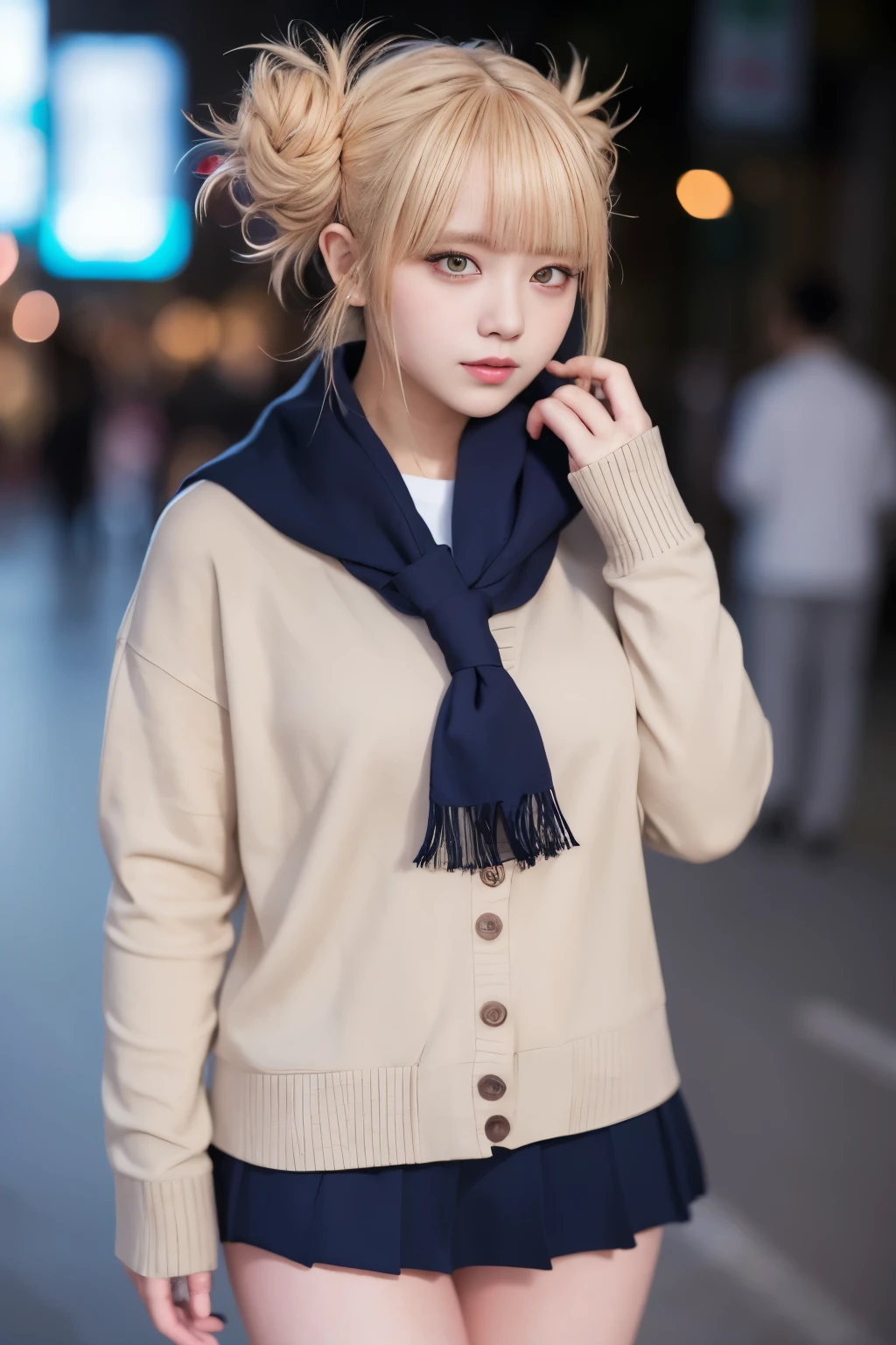 (blonde、himiko toga、white uniform shirt、navy blue uniform skirt、cardigan、red scarf、dark eyeshadow、Patsun、twin tails、Bun head、thin eyebrows、black socks、black loafers))、NSFW、masterpiece、最high quality、high quality、grow、beautiful feces、High resolution、very high resolution、RAW photo、Best Illustration、hyper realistic、1 girl、realistic、super detailed、Photoreal、incredibly absurd、Close-up、floating hair、soft light、movie theater lighting、film grain、full body esbian、Depth of the bounds written、blurred background、Bokeh:1.4、focus of the eye、85mm lens、professionally lit、Lens flare、luminescent particles:0.6、professional writing、Portrait:0.6、photon mapping、radio city、Physically based rendering、japanese girl、sexual excitement:1.5、lifelike face、realistic body、real looking skin、huge breasts:1.3、good style、camel toe、pale skin:1.1、cute:1.5