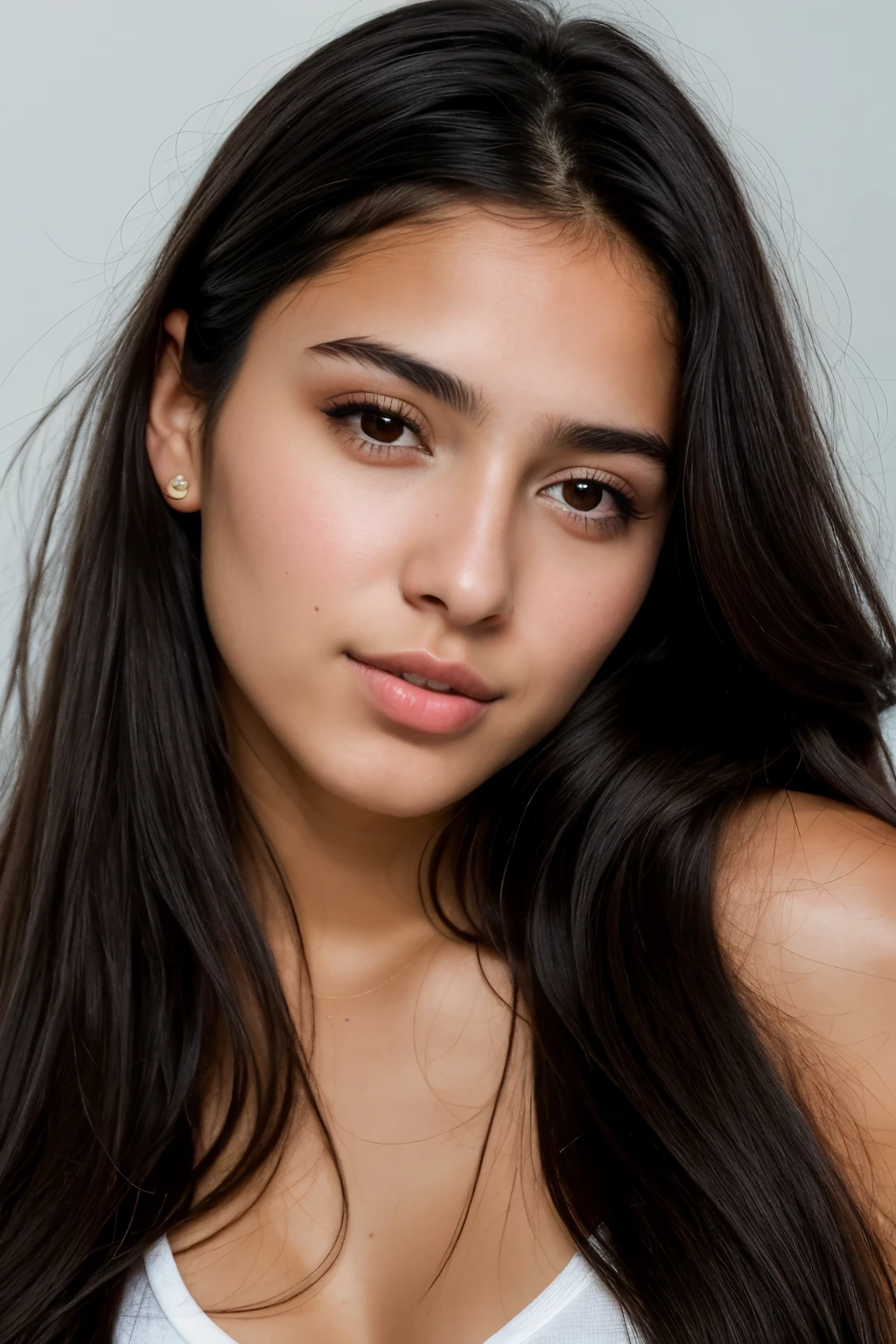 A photorealistic portrait of a 22 year old spanish, latina girl with long, flowing black hair and striking dark eyes. It should have a natural, approachable expression. She has a fine face, she look like canela skin, she is beautiful