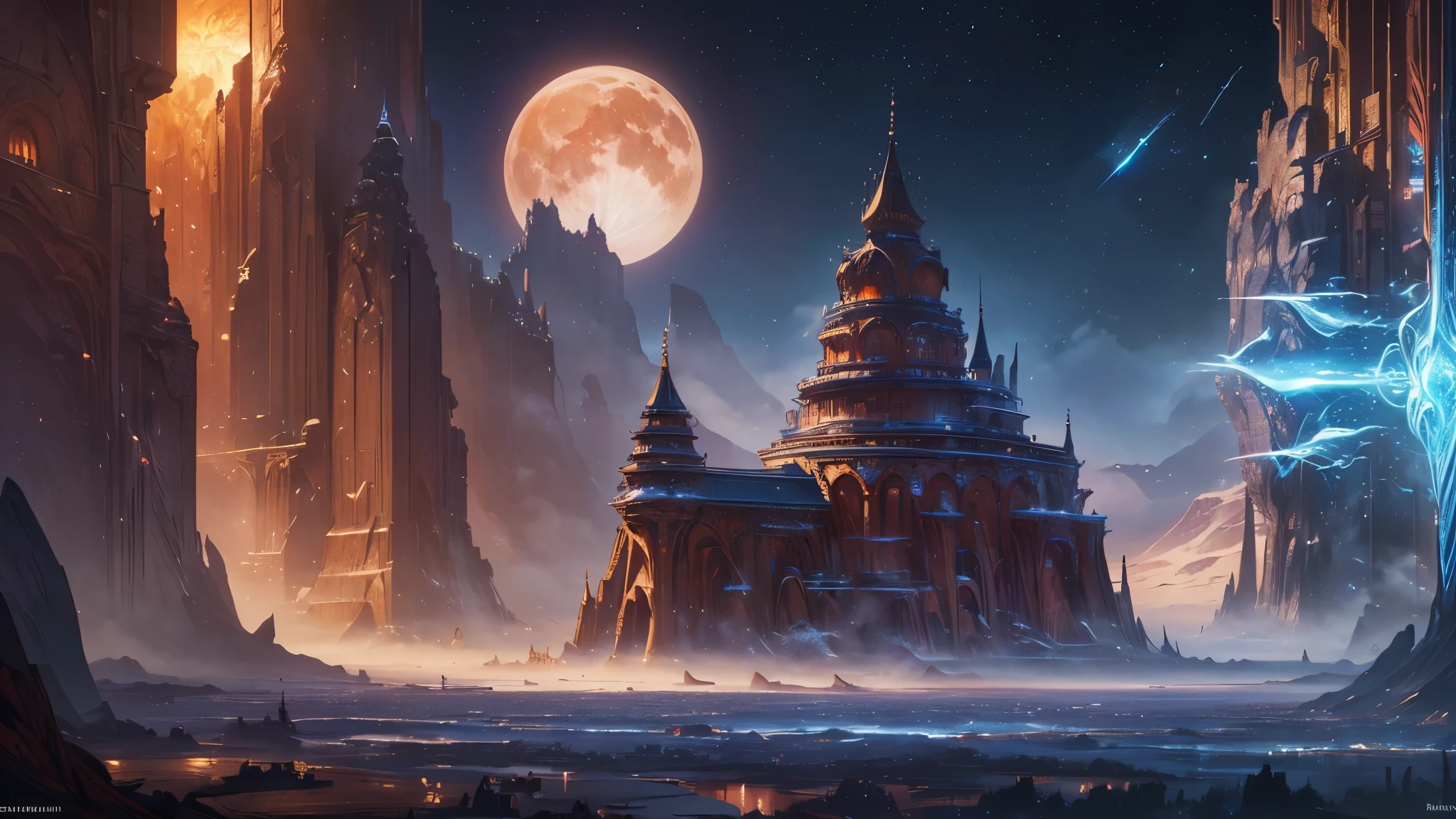 ((highest quality)),(ultra high resolution),(Super detailed),(detailed description),((best CG)),(best work of art),super precision art,amazing drawing art,(Fantasy art with precise details:1.5), Twin red and blue moons on the horizon