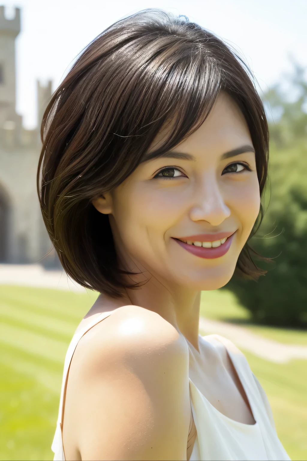 （38 years old), （Black High Neck Sleeveless Shirt:1.2）,（white wool pants）、 double eyelid, eyelash, Red lip gloss, (smile:1), ((close your eyes:0.85)), (looking at the viewer、Are standing), (From above:0.2)、尖ったred mouth、(reddish brown wet shiny short hair),red mouth,clavicle、 (Photoreal:1.3),(RAW photo）,(woman standing in front of an old castle, Beautiful lawn, Squirting, Bright sunshine in the city of Modena, Italy) , 8k, Super detailed, highest quality, rough skin, anatomically correct, masterpiece , highest quality, cinematic lighting, Use perspective throughout , surrealism , ,(realistic:1. 3),(RAW photo) , black hair, light smile, short hair, bob cut, anaglyph, stereogram, (mature woman:1), (38 years old), ((close:0.5)), glare, double eyelids, lip gloss, (smile:1), ((close your eyes:0.85)), red mouth, clavicle, ((looking at the viewer)), (short hair of reddish-brown color wet and shiny,), (I can see the whole body) , Slightly thick body type , opened my eyes wide. , perfectly round eyes , fine texture