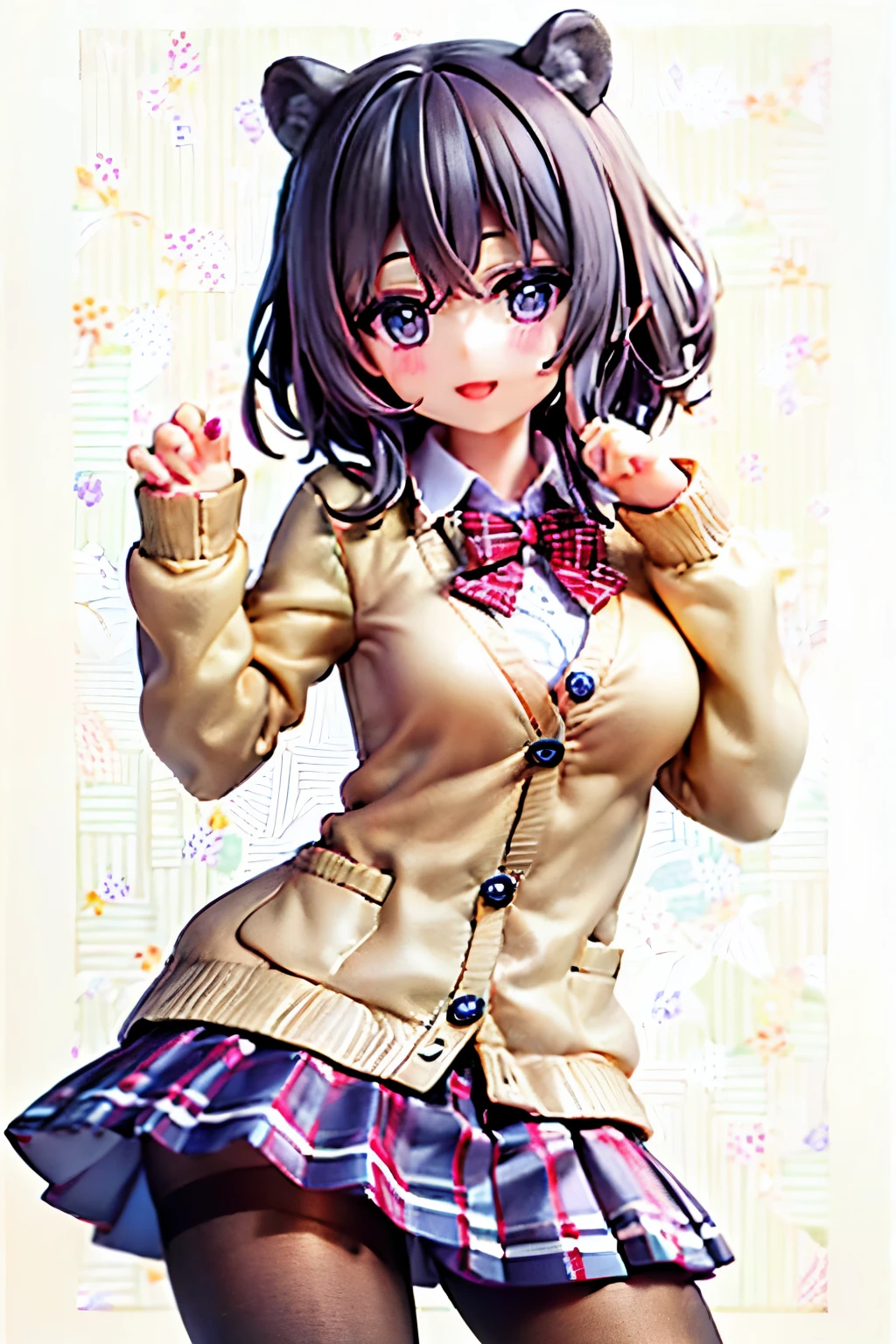 ((worst quality, low quality)), pieces fly,highest quality,Super detailed,masterpiece, ((no background)), ((whole body)), ((Kemono-eared girl with Asiatic black bear ears:1.2)), alone, ((black hair berry berry short:1.3)), plump and glossy lips, (beautiful purple eyes:1.3), spoken heart, (best smile), spoken heart, (cute pose:1.2), (perfect hands:1.4), (school uniform:1.2), (Body-fitting beige cardigan:1.4), ((long sleeve, sleeves past the wrist):1.2), (white collared shirt underneath:1.3), ((raise button, Not loose):1.5),(red plaid pleated skirt:1.3), ((dark brown pantyhose):1.2), highest quality, masterpiece,32k,