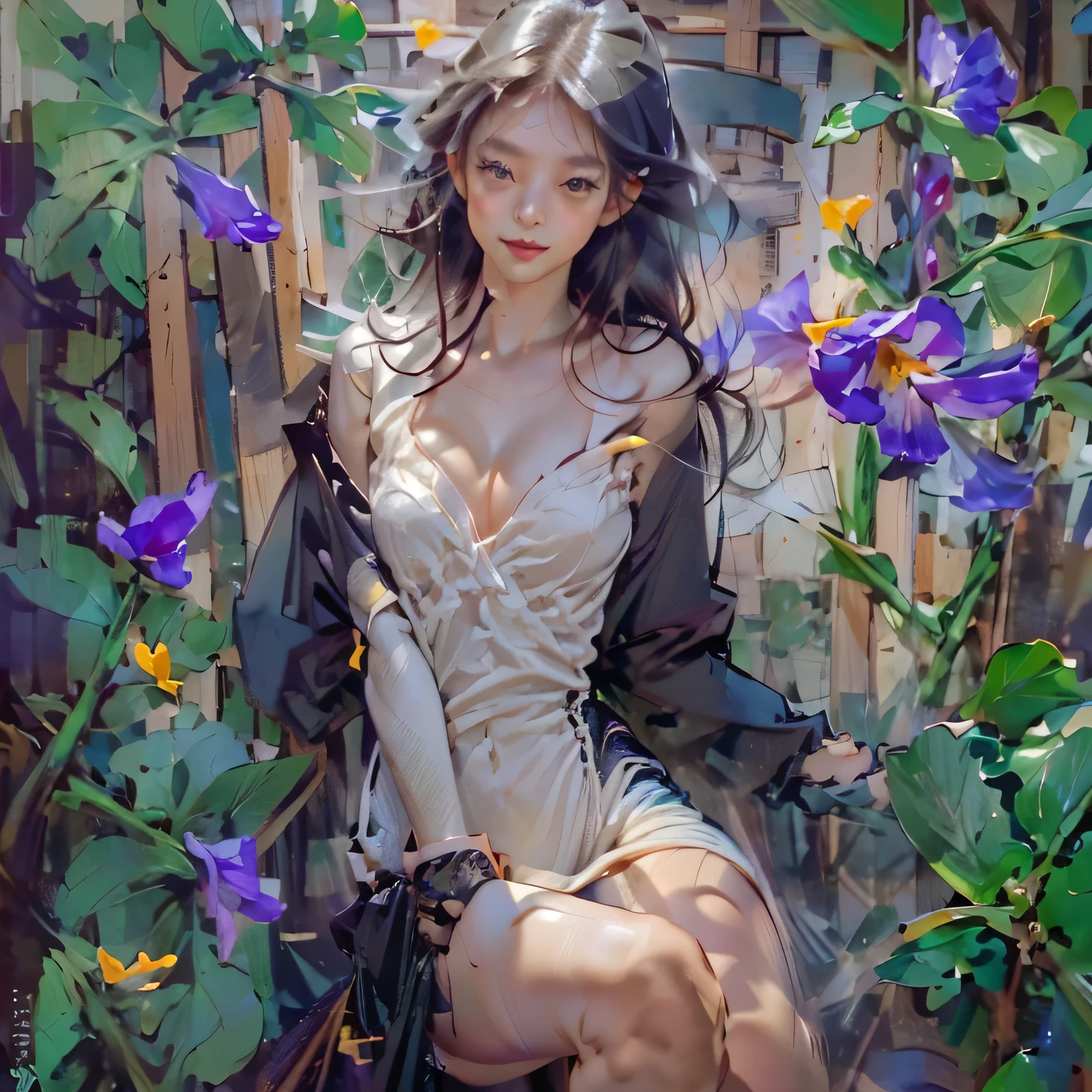 ((Create MAXZenArt!)), (Young), (young girl, 16 years, naked, full length, naked body, dark hair, bright skin, Scarlet lips, smile; black, expressive playful eyes, long eyelashes))_( (top quality, Masterpiece), (one young girl - 16 years, naked, full length, sitting with her legs spread sexual, white hair, white skin, Scarlet lips-smile; black, expressive playful eyes, long eyelashes), (black translucent - chiffon dress, Golden Line, very short peignoir dress, (Erotic), (sexual), (spread your legs, Genitals), (very sexual body, seductive body, Small beautiful breasts), (spread your legs, Genitals), (calm relaxed pose, Hair fluttering in the wind, half turned, look at the viewer, stylish girl model))_((digital painting, wide brush stroke, outstanding skills, oil painting), (Daylight, soft warm shadows, contrasting cold light, Reflexes, fracture, tracking))_((background – stunning blooming irises; (violet, yellow, blue, white), (Petals, shoots))_((Highest quality workmanship, realism, digital painting, modern style of writing, clear correct anatomy, mercy, ease of execution))