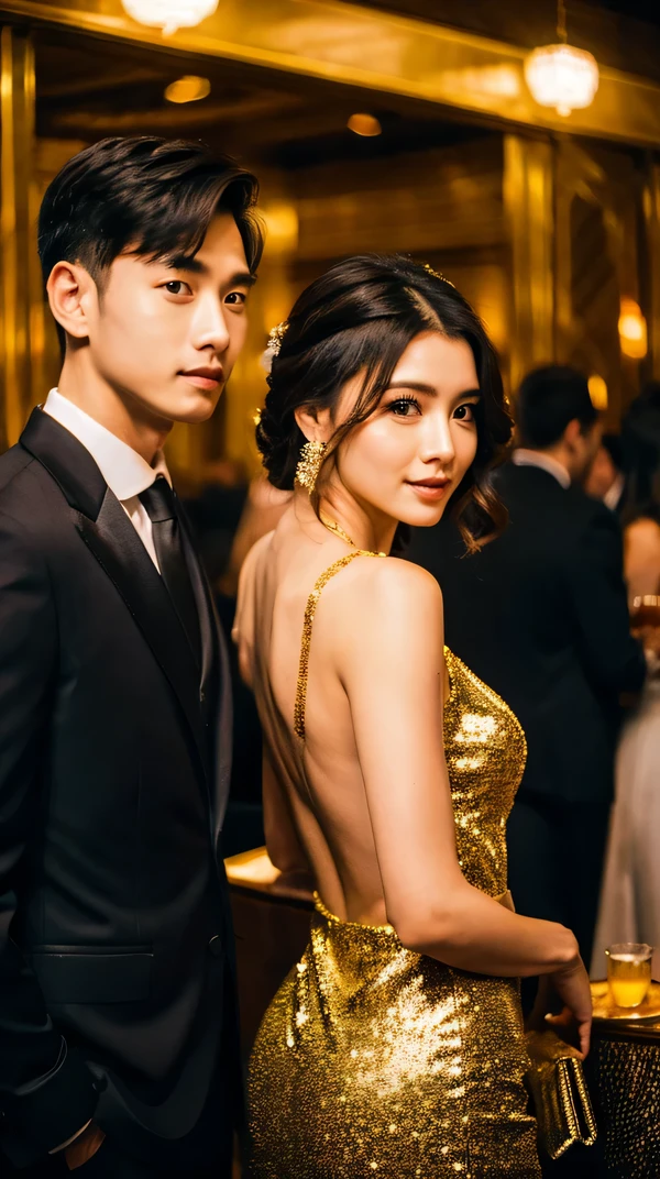 (RAW photo, highest quality)(8k, highest quality, masterpiece: 1.2), Super detailed, super resolution, (realistic, realistic photo: 1.37) A man and a woman meet at a luxurious party,