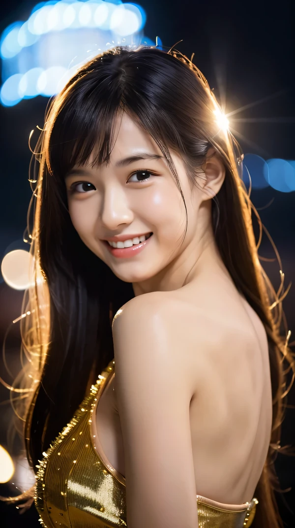 (RAW photo, highest quality)(8k, highest quality, masterpiece: 1.2), Super detailed, super resolution, (realistic, realistic photo: 1.37), 20 year old girl, dress, alone, night, portrait, professional photos, Beautiful in high resolution, very delicate and beautiful, 8k image wallpaper, amazing details, huge file size, high detailed beautiful girl, Super detailed face, very fine eyes, Very fine skin, very small nose, highly detailed mouth, perfect anatomy,laughter, Happy,