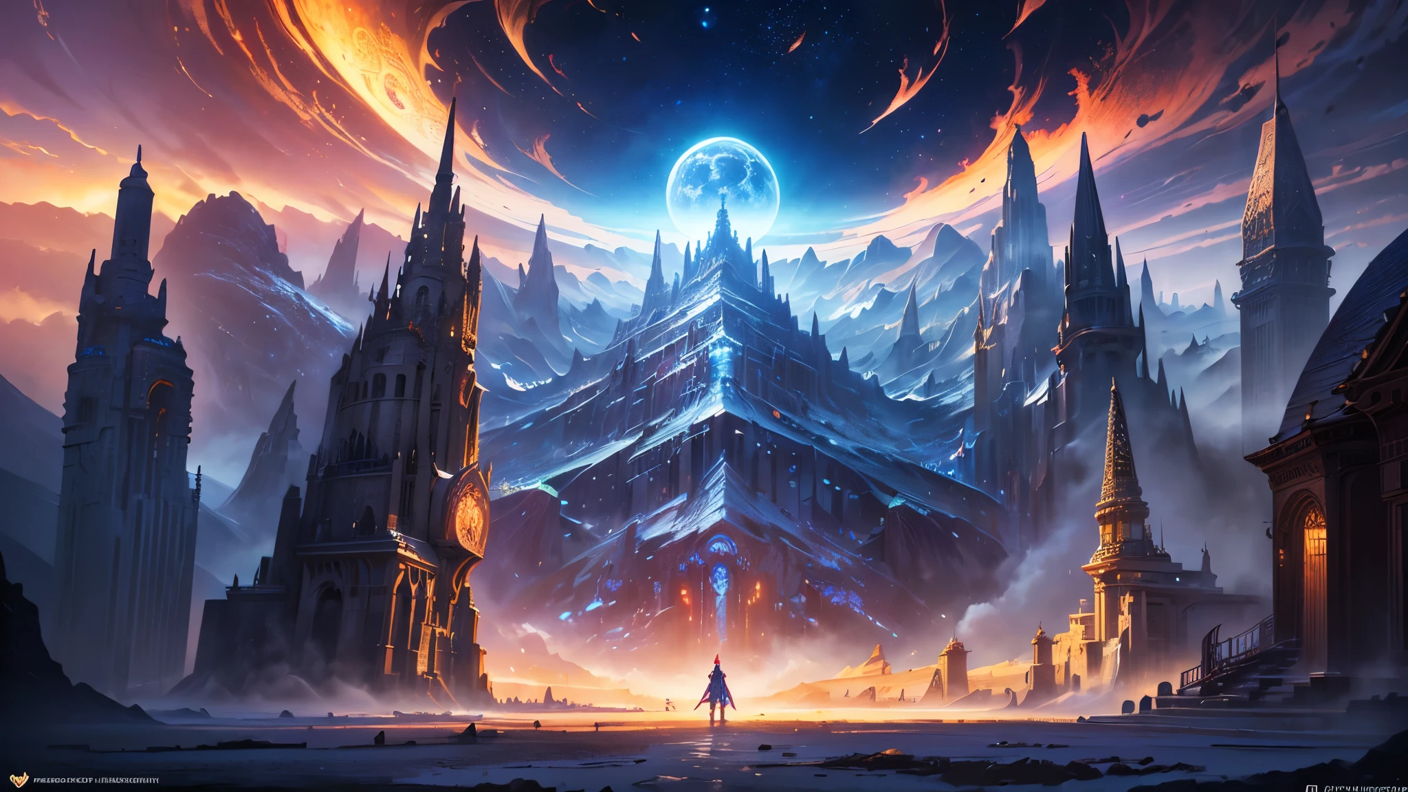 ((highest quality)),(ultra high resolution),(Super detailed),(detailed description),((best CG)),(best work of art),super precision art,amazing drawing art,(Fantasy art with precise details:1.5), Twin red and blue moons on the horizon