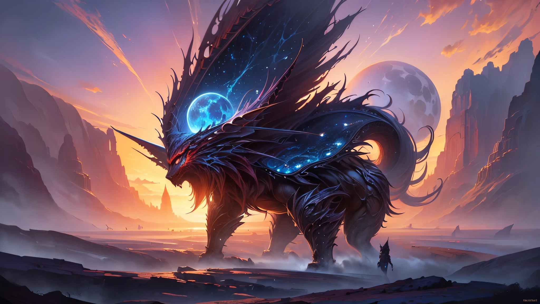 ((highest quality)),(ultra high resolution),(Super detailed),(detailed description),((best CG)),(best work of art),super precision art,amazing drawing art,(Fantasy art with precise details:1.5), Twin red and blue moons on the horizon