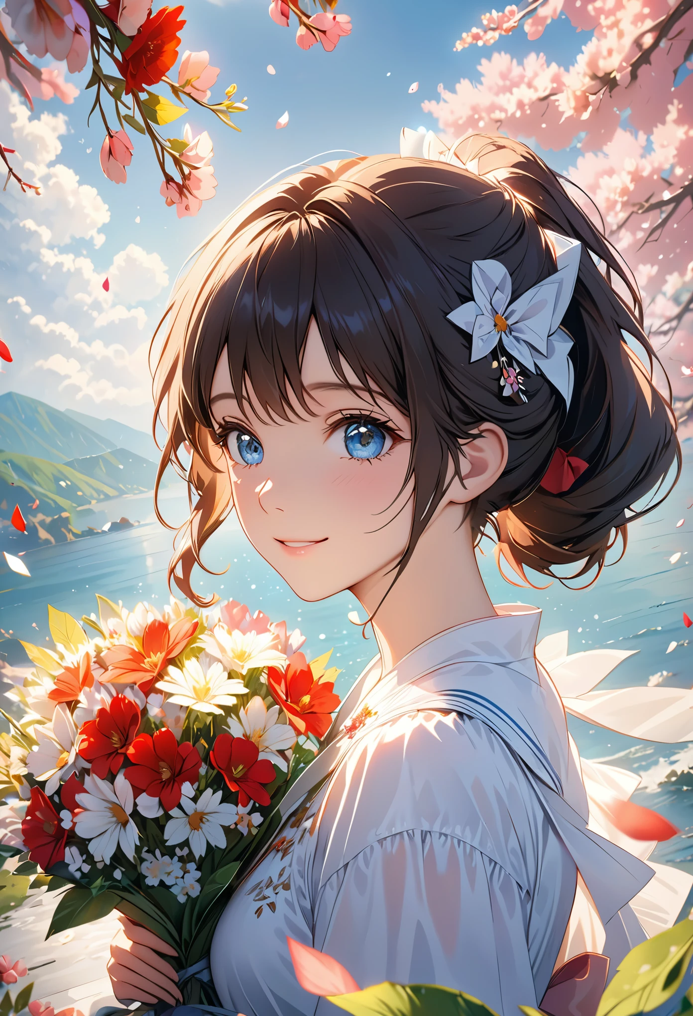 middle view, medium shot, depth of field, broken to pieces, Upper body, Cinematic angle, masterpiece, best quality, super detailed, CG, 8k wallpaper, pretty face, exquisite eyes, girl, alone, Smile, Bangs, skirt, shirt, have, skirt, bow, petal, bouquet
