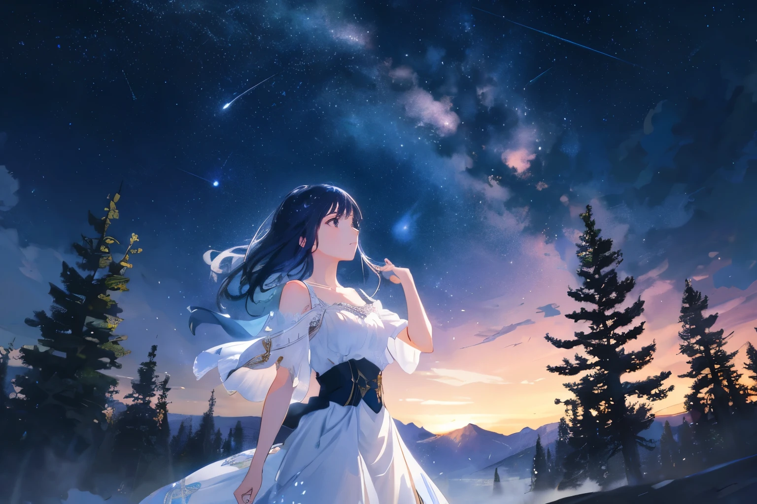 Create exquisite illustrations reminiscent of Makoto Shinkai's style, It has ultra-fine details and top-notch quality. Generate a high-quality illustration featuring a beautiful girl gazing at a fantastical night sky. Ensure that the overall composition exudes a sense of fantasy and intricacy, with attention to detail capturing the mesmerizing beauty of the night sky. Pay attention to the stars, constellations, and any other celestial elements that contribute to the enchanting atmosphere. Additionally, focus on portraying the girl with a sense of wonder and awe as she takes in the magical spectacle above. Aim for a finely crafted artwork that immerses viewers in the dreamlike ambiance of the scene. best quality, masterpiece