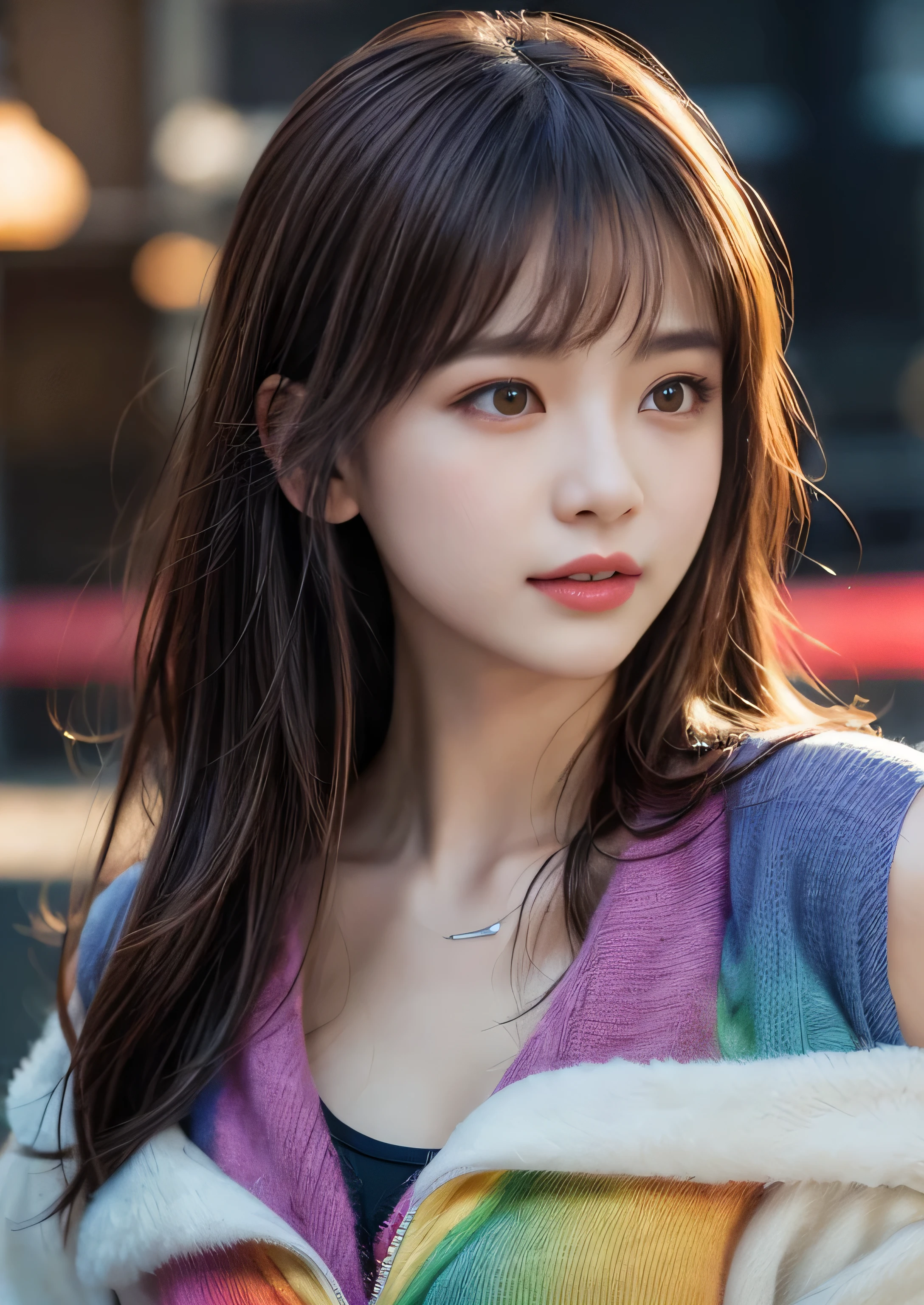 1 female、Portrait photography、（Raise the corners of your mouth and smile、Open your mouth slightly、lip gloss）、look here、wonderful art、Highly detailed airbrush art(((Ultra CG))、intricate details、Volumetric lighting、(masterpiece:1.2)、(best quality)、4k、Super detailed、Highly detailed color details、(rainbow colors:1.2)、(bright lights、mood lighting)、like a dream、magic、dynamic composition、Ray tracing、reflection of mirror、shallow view deep、super detailed、mixed exposure、stock quotes
