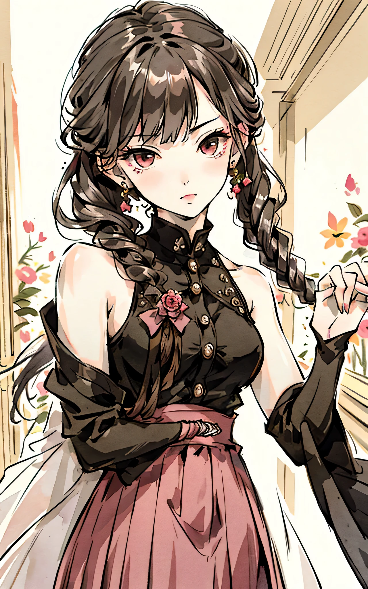 miss, Serious, elegant, pink skirt, aristocratic, silver element, Long nails, bare shoulders, hairstyle, hair standing on end, Braids and ponytails, messy, arrogant, absurd, detail dress, royalties, celebration, Hall decorated with flowers, cowboy shooting, portrait, (best quality), (masterpiece), (Very detailed), (4k)