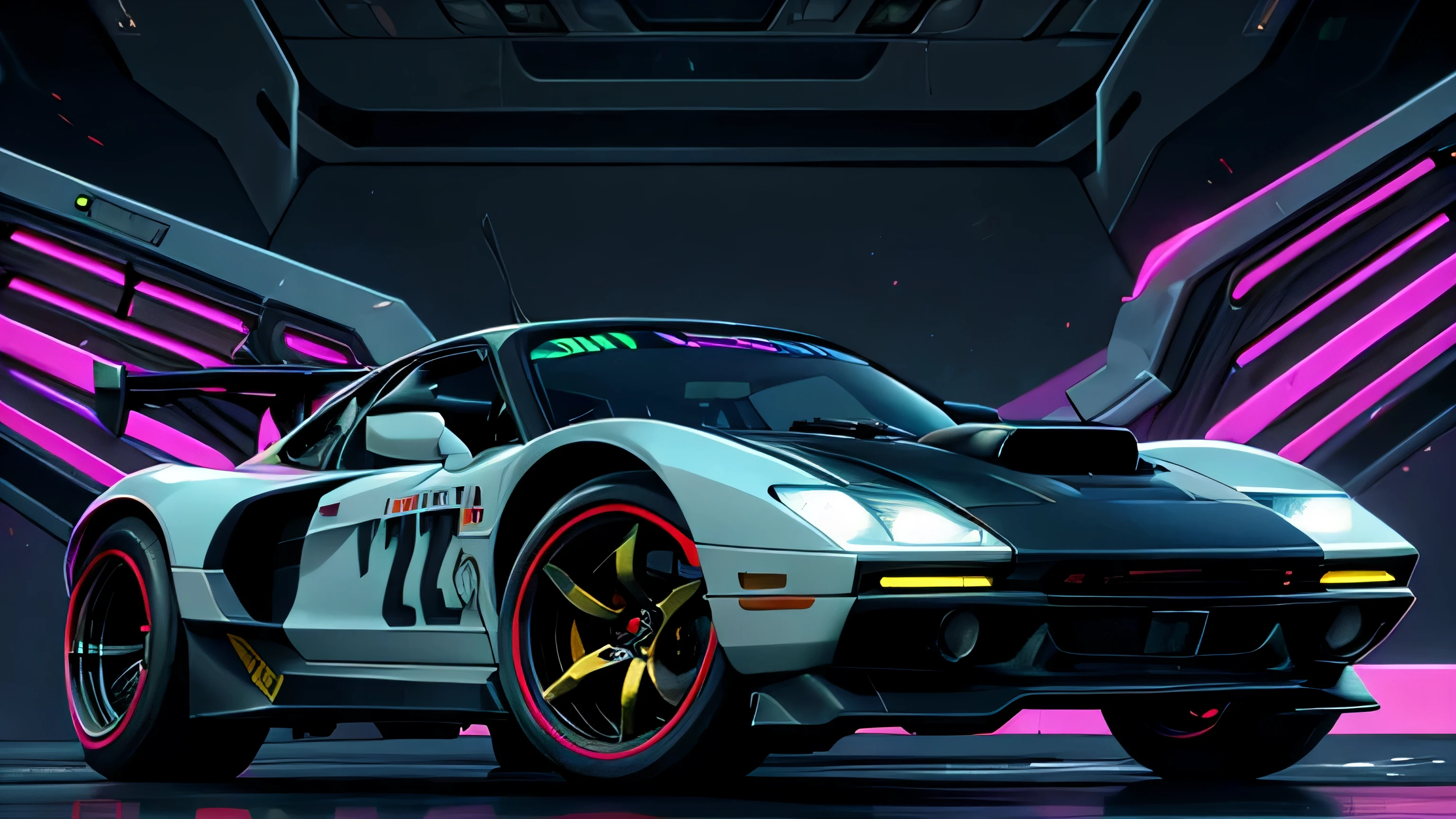 a car from cyberpunk 2077 drives through the city at night