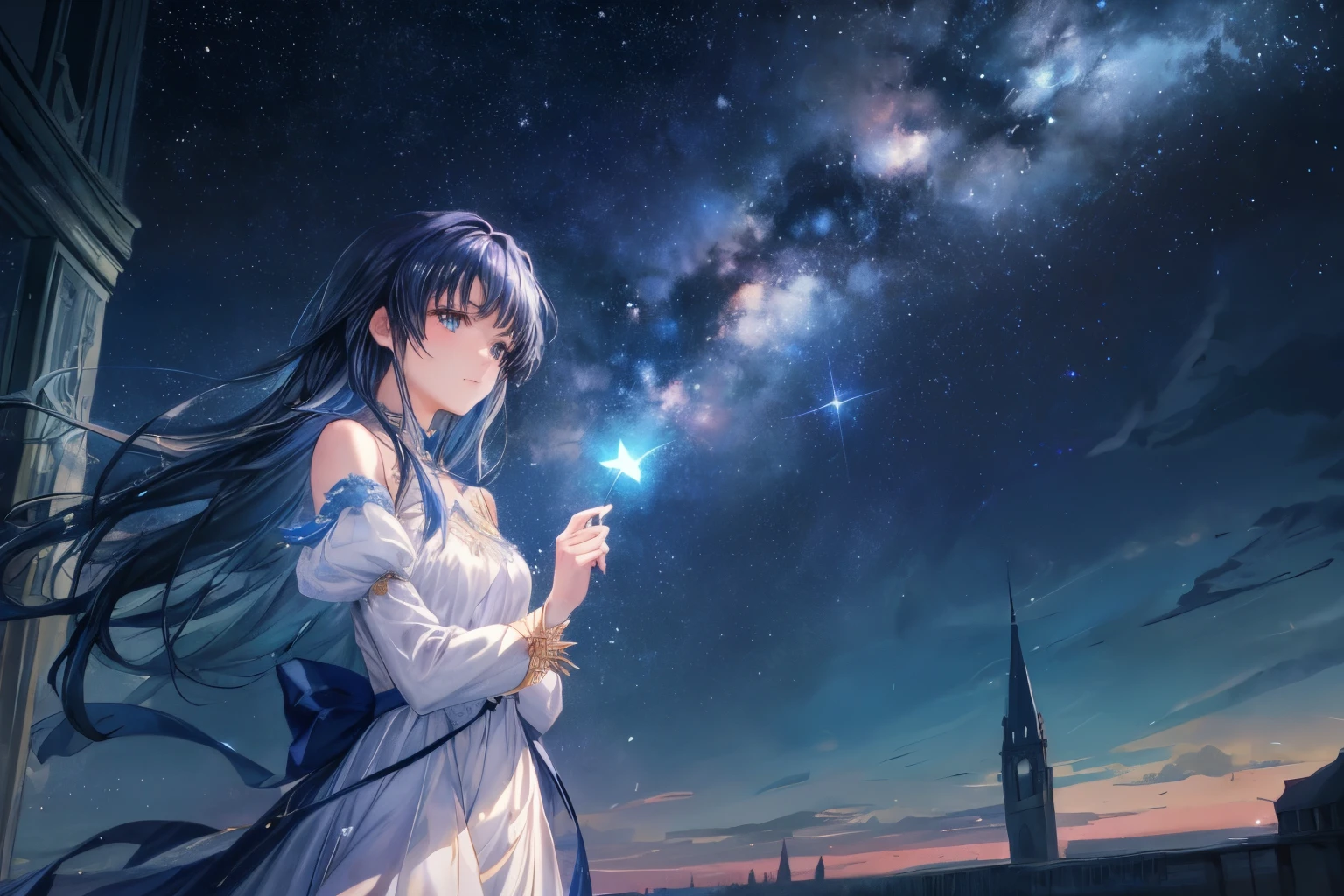 Create exquisite illustrations reminiscent of Makoto Shinkai's style, It has ultra-fine details and top-notch quality. Generate a high-quality illustration featuring a beautiful girl gazing at a fantastical night sky. Ensure that the overall composition exudes a sense of fantasy and intricacy, with attention to detail capturing the mesmerizing beauty of the night sky. Pay attention to the stars, constellations, and any other celestial elements that contribute to the enchanting atmosphere. Additionally, focus on portraying the girl with a sense of wonder and awe as she takes in the magical spectacle above. Aim for a finely crafted artwork that immerses viewers in the dreamlike ambiance of the scene. best quality, masterpiece