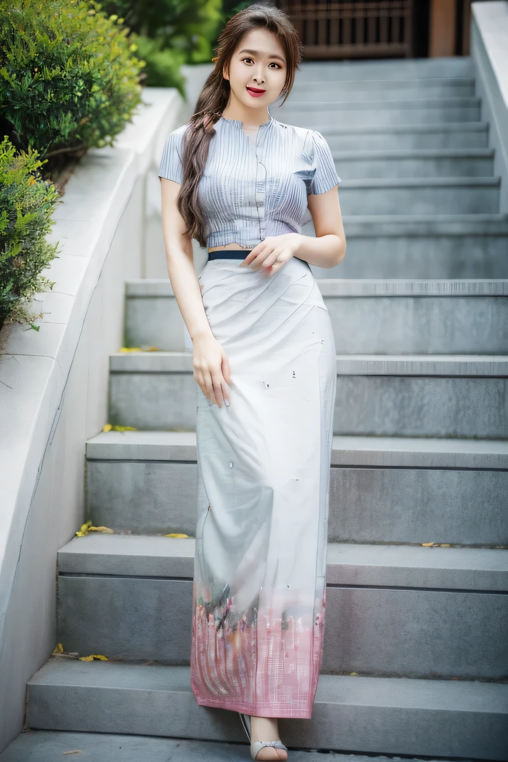 Asian woman in a skirt and white shirt standing on steps, Beautiful Body, traditional beauty, wearing beautiful clothes, traditional dress, acmm ss outfit, acmm long skirt, wearing acmm top, very attractive and beautiful, with lovely look, traditional clothes, very beautiful enga style