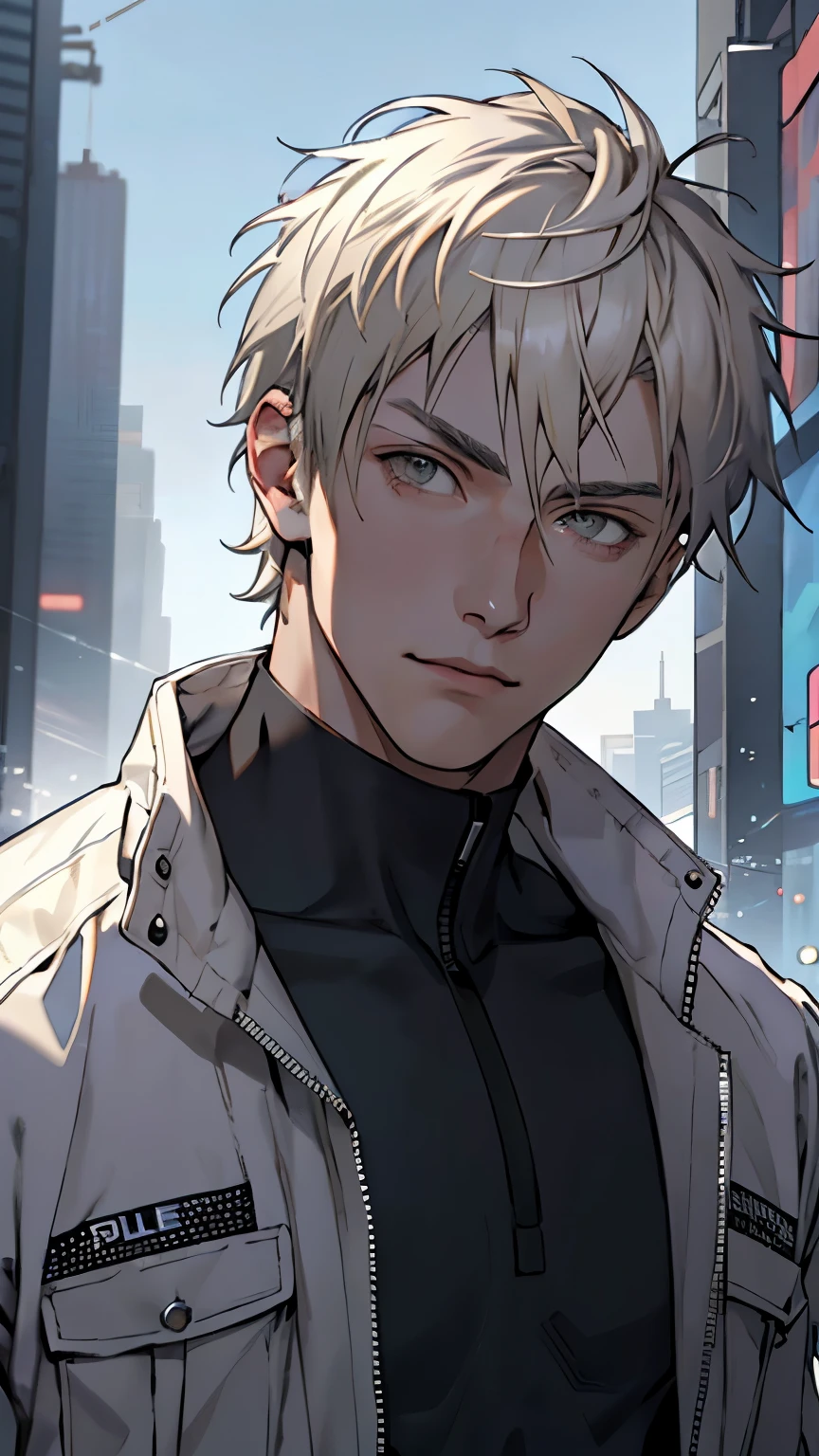 (masterpiece), best quality, high quality, 1boy, beautiful face, handsome, platinum blonde hair, short hair, straight hair, gray eyes, upper body, looking straight, 18 years old boy, cyberpunk, police clothes, sunlight, portrait,