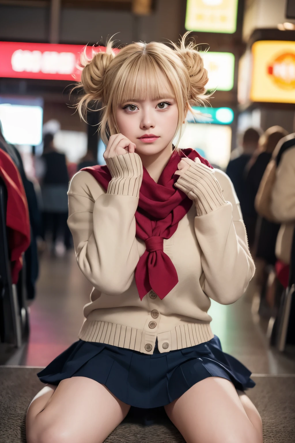 （blonde、himiko toga、white uniform shirt、navy blue uniform skirt、cardigan、red scarf、dark eyeshadow、Patsun、twin tails、Bun head、thin eyebrows、black socks、black loafers））、NSFW、masterpiece、最high quality、high quality、grow、beautiful feces、High resolution、very high resolution、RAW photo、Best Illustration、hyper realistic、1 girl、realistic、super detailed、Photoreal、incredibly absurd、Close-up、floating hair、soft light、movie theater lighting、film grain、full body esbian、Depth of the bounds written、blurred background、Bokeh:1.4、focus of the eye、85mm lens、professionally lit、Lens flare、luminescent particles:0.6、professional writing、Portrait:0.6、photon mapping、radio city、Physically based rendering、japanese girl、sexual excitement:1.5、lifelike face、realistic body、real looking skin、huge breasts:1.3、good style、camel toe、pale skin:1.1、cute:1.5