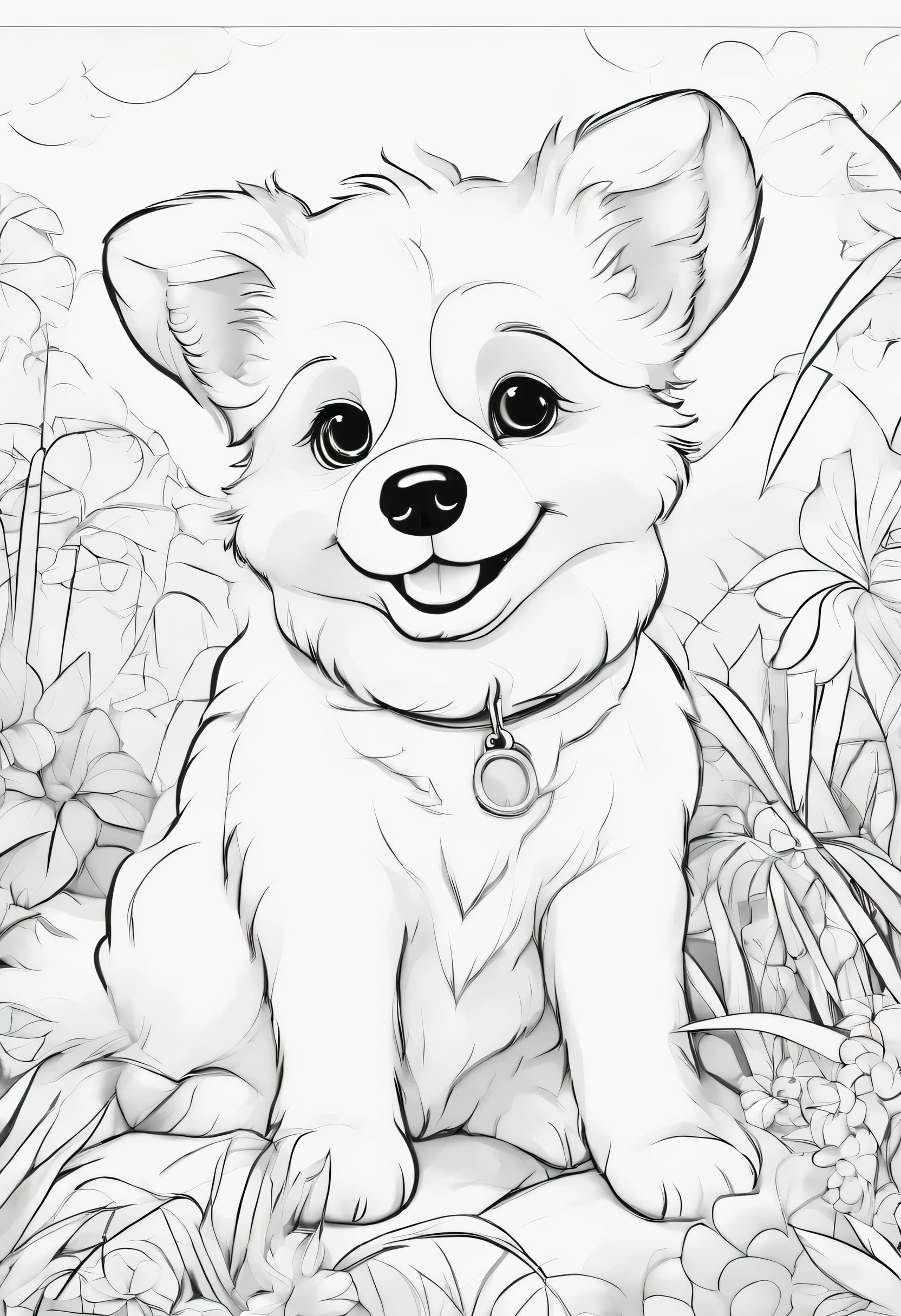 create an children coloring page that feature an adorably, fluffy kawaii- style dog enjoying a delightful summer day, whit big, expressive eyes, should, simple line art, cuteness--