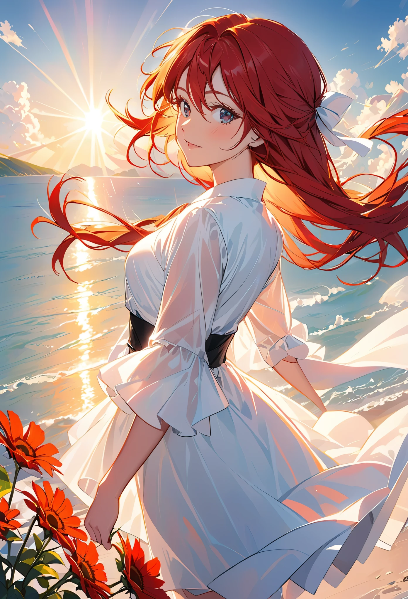 red haired woman, sun