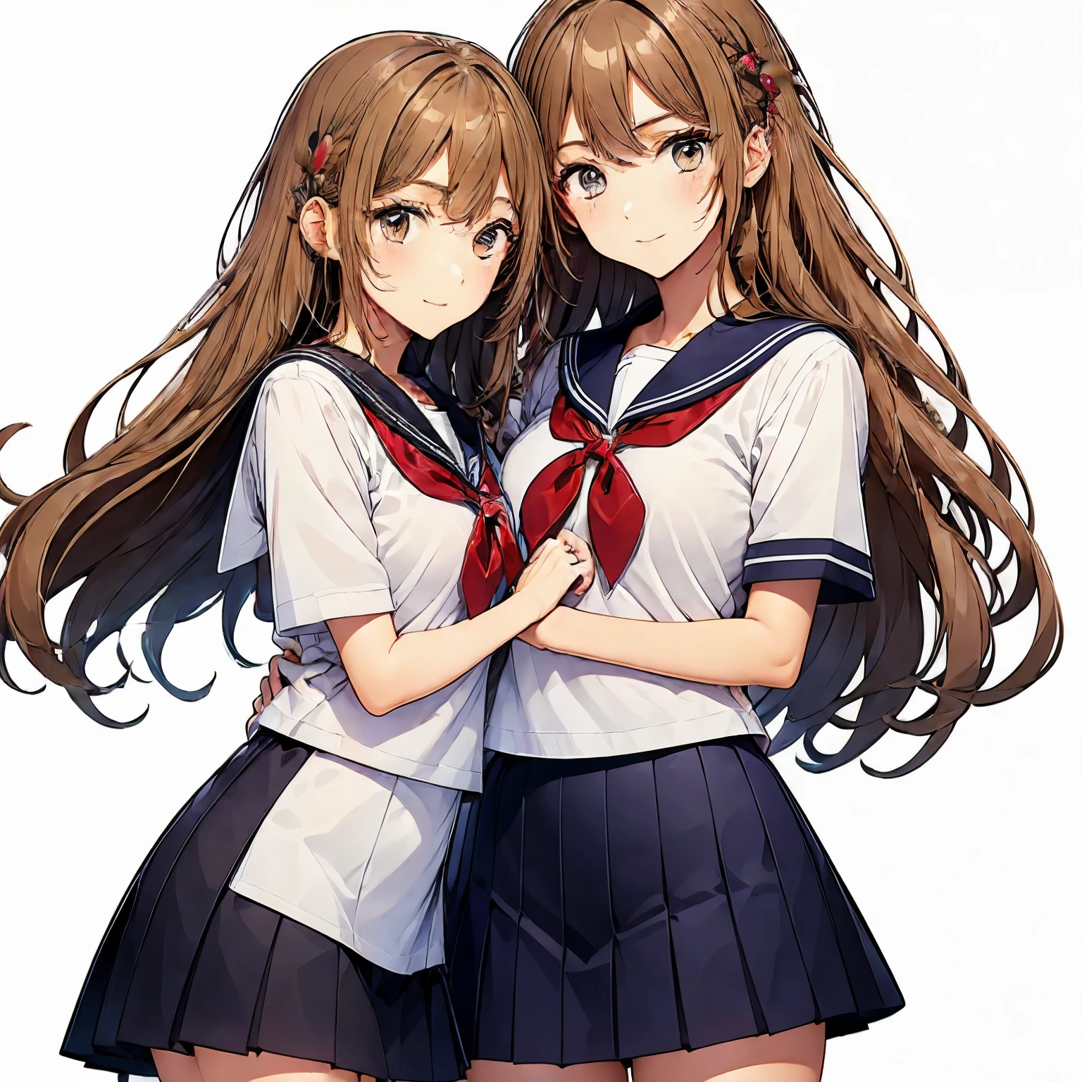 high quality,((2girls,cuddle)),chyuri,smile,Japanese high school student,short sleeve sailor school uniform,