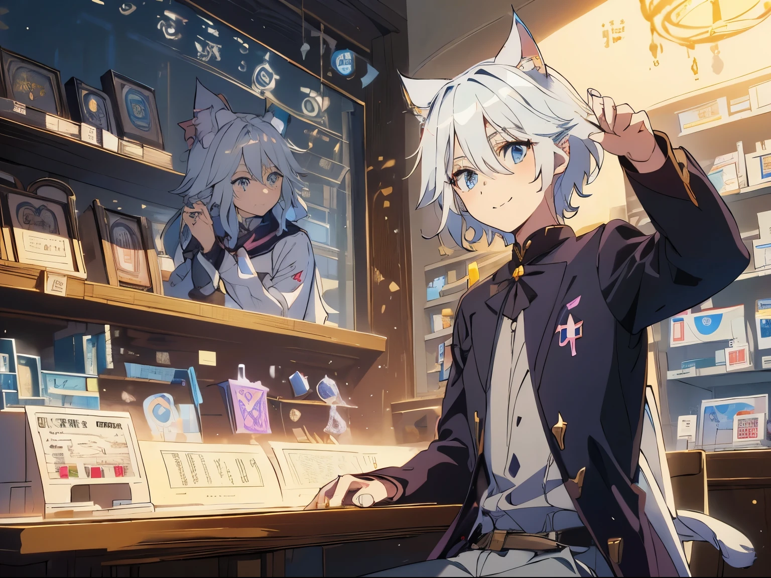 masterpiece, A world where magic and technology coexist, fantasy，wonderland，(Cat eared boy:1.5)，(gray hair, short hair) ，	1 personの男の子 ，alone，1 person，beautiful eyes、depicted in detail， Upper body illustration,smile，(pharmacy:1.5)，Inside the store，sit on a chair，indoor，pants，take medicine