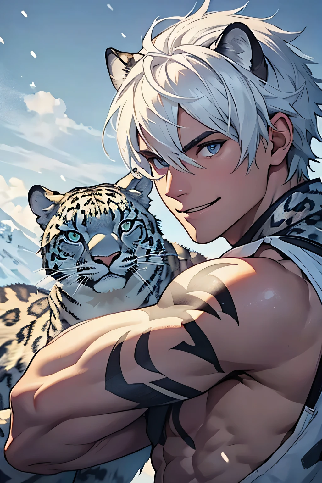 Lutador, leopardo da neve, forte, sorriso, cabelo branco, hybrid, homem